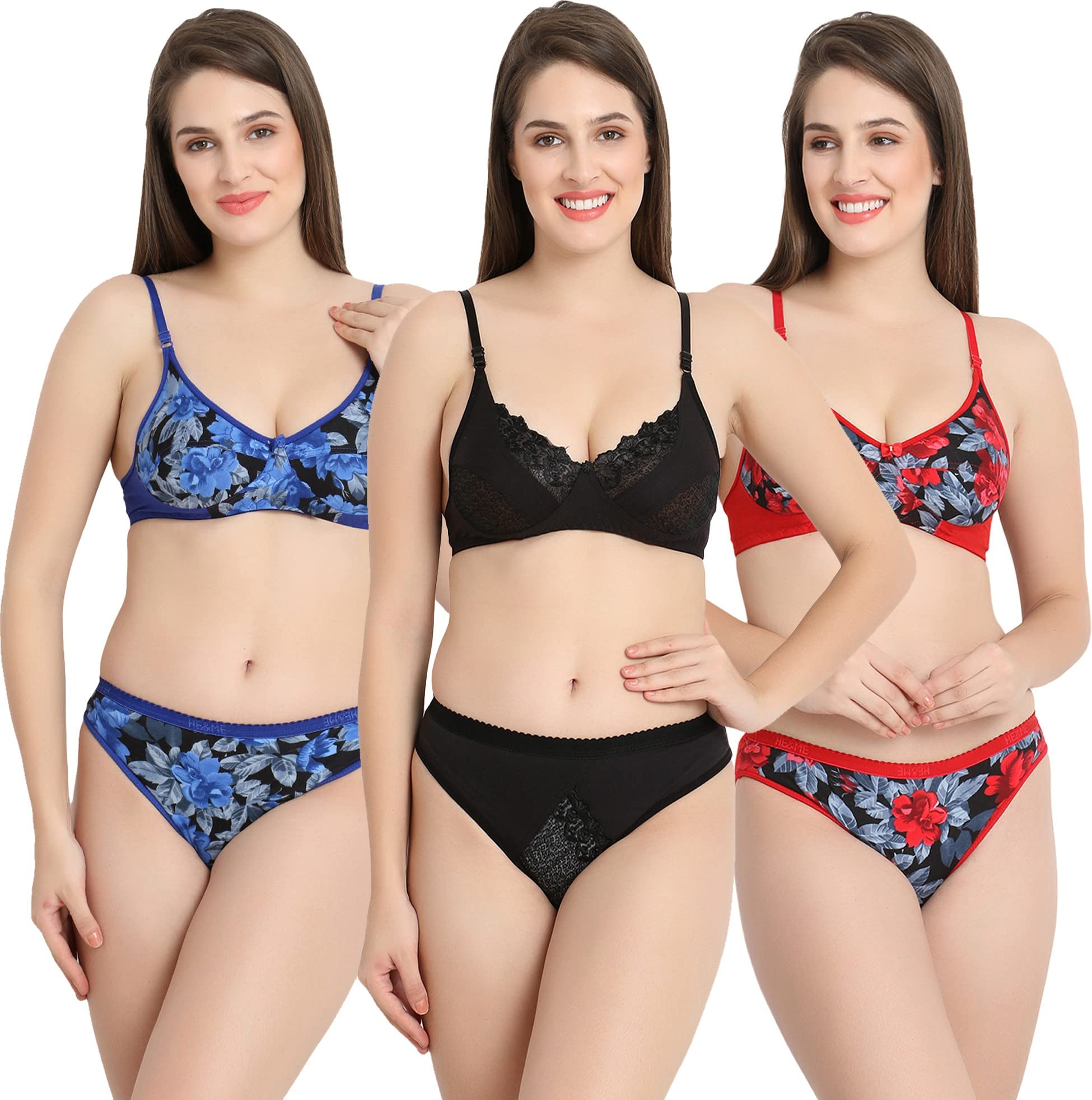 Women Stylish Cotton Bra and Underwear Set (Flower_RedBlue_Monika_Blk_30pt)-picture-50