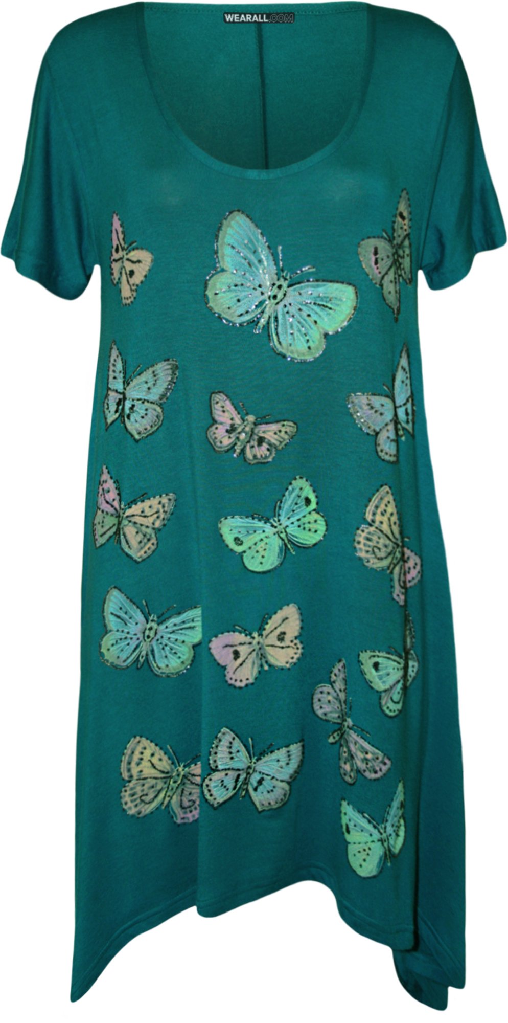 WearAll Plus Size Womens Butterfly Print Short Sleeve Ladies Hanky Hem T-Shirt Top - Teal - 22-24