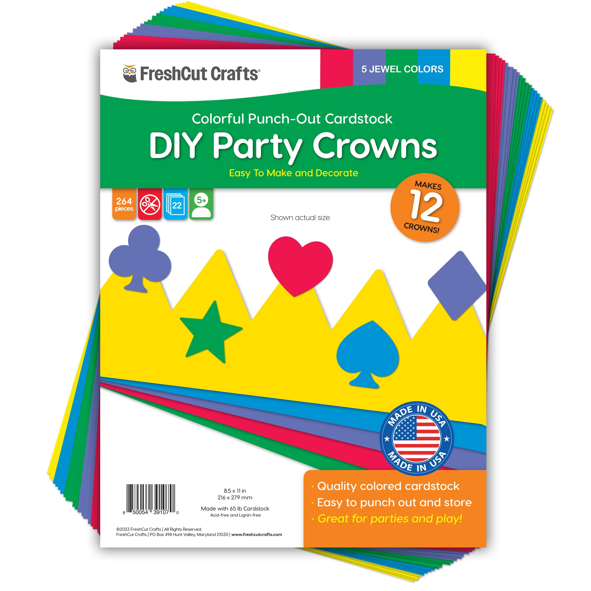 264pcs DIY Party Crown Kit – Makes 12 Princess King Children's Party Crowns, US Made JEWEL Colored Card Stock Easy Punch Out Craft for Royal Themed Birthday Party, Play Dates, Children's Theater Plays