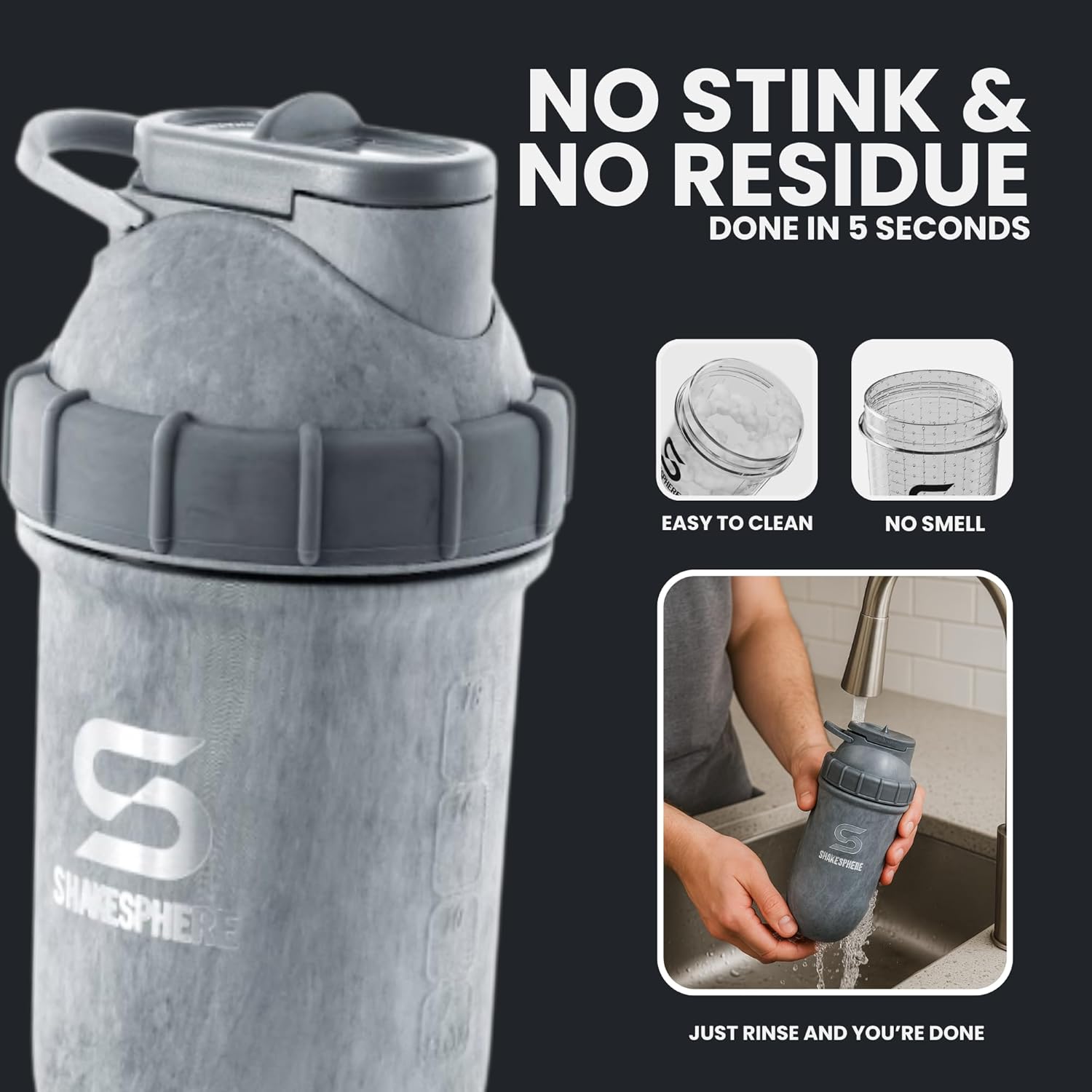 SHAKESPHERE Stainless Steel Shaker Bottle - 24oz Insulated Protein Shaker Bottle for Hot & Cold Drinks - Ideal for Shakes & Smoothies, Leak-Proof, BPA-Free, No Mixer Ball Needed, Concrete