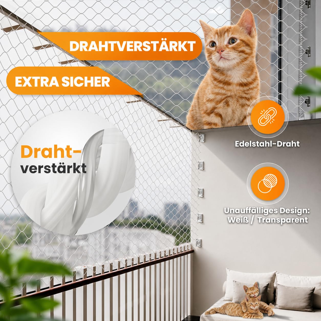Naturiz Siatka dla kota na balkon, bez wiercenia, 3 x 4 m, wzmocniona drutem, przezroczysta/biała, kratka dla kota w zestawie z haczykami samoprzylepnymi – siatka ochronna dla kotów na balkon i okna