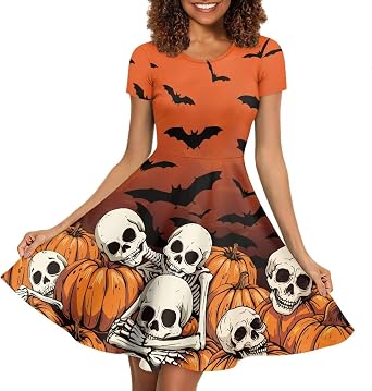 COEQINE Midi Summer Dress for Women 2025 Halloween Costumes Plus Size Soft High Waist Crewneck Swing Skater Skirt,S-4XL