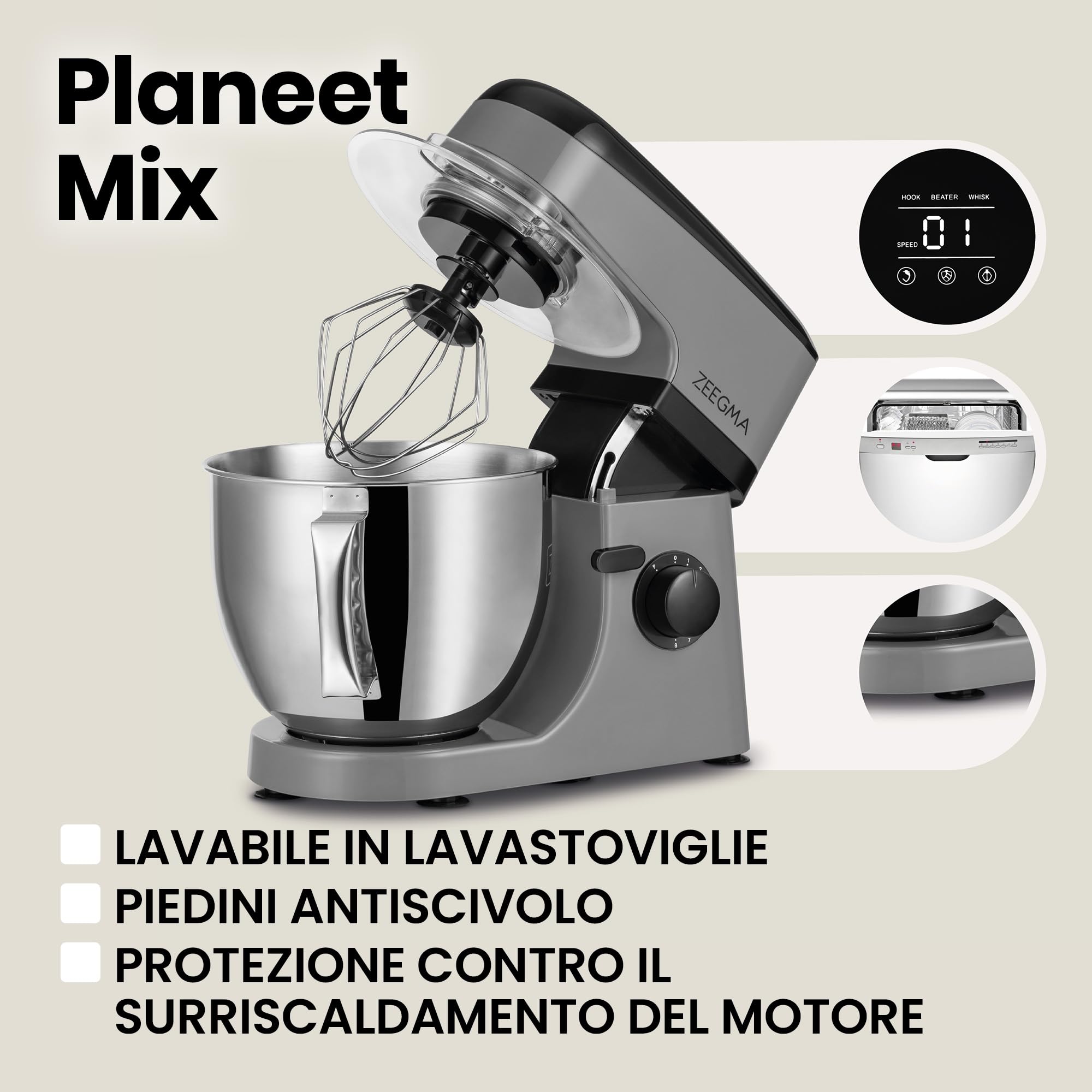 ZEEGMA Planeet MIX Impastatrice da 1800 W, robot multifunzione con ciotola da 5 l, con manico e coperchio, 8 velocità, incluso pannello touch a 3 pezzi