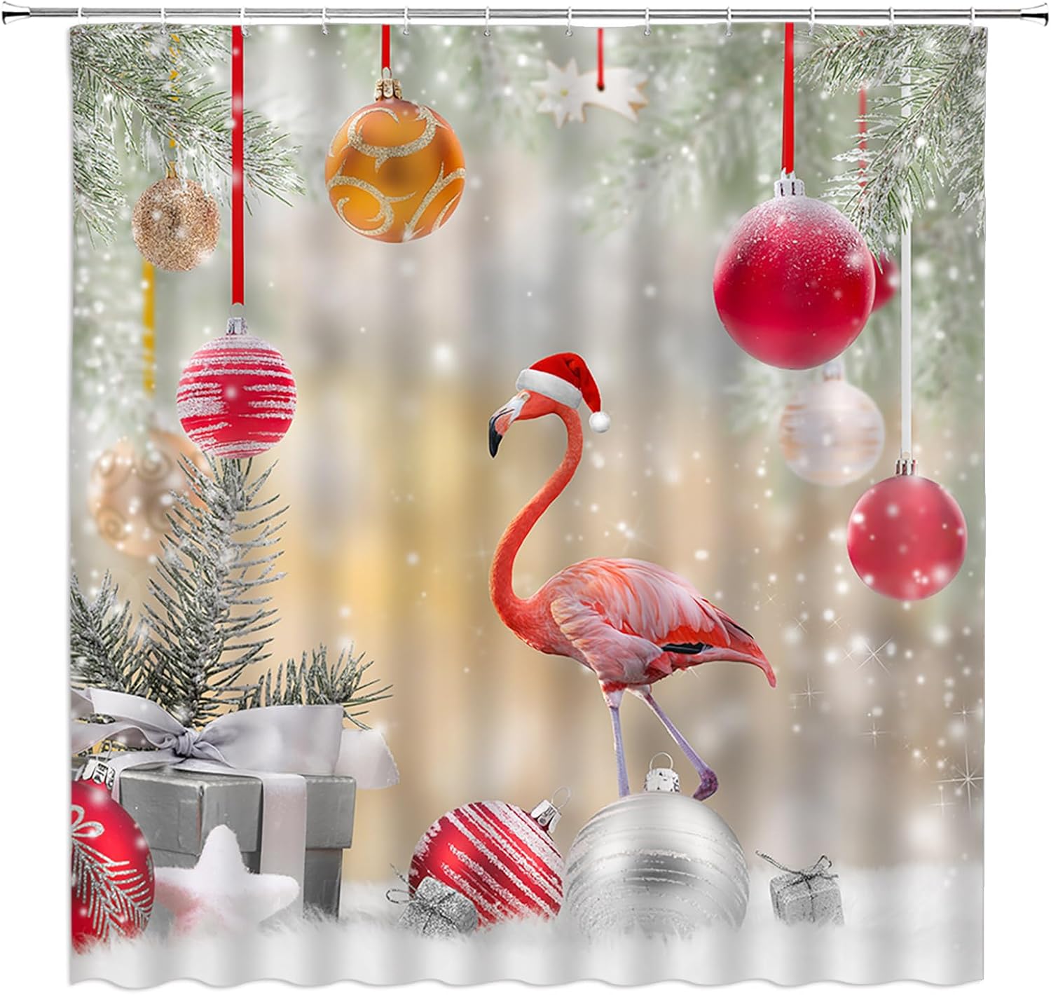 Christmas Cat Shower Curtain Xmas Tree Winter Snowflake Pine Berry Animal Holiday New Year Bathroom Curtain Fabric with Hooks(70" Wx84 H)