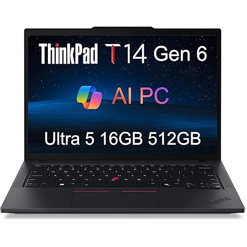 Lenovo ThinkPad T14 Gen 6 Business AI PC Laptop (14" FHD+, Intel 12-Core Ultra 5 225U (> Ultra 7 155U), 16GB DDR5, 512GB SSD), Backlit, Fingerprint, 5MP Webcam, 2x Thunderbolt 4, Win 11 Pro