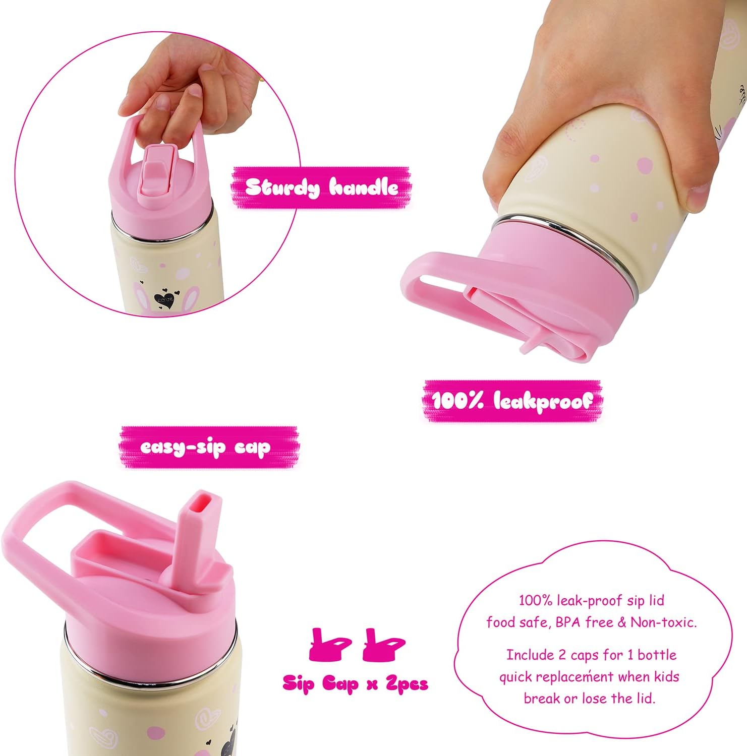 16 oz Stainless Steel Insulated Kids Water Bottle, Leak Proof Metal Thermal Flask with Straw lid, Cute Toddler Tumbler Cup for School Girls & Boys (Pink, Bunny) - Image 4