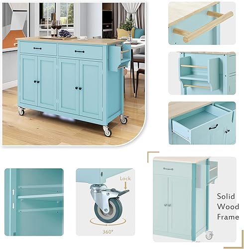 Miniatura 6 de LUMISOL Carrito de isla de cocina con tapa de madera maciza, isla de cocina sobre ruedas, isla de cocina grande con almacenamiento, verde menta