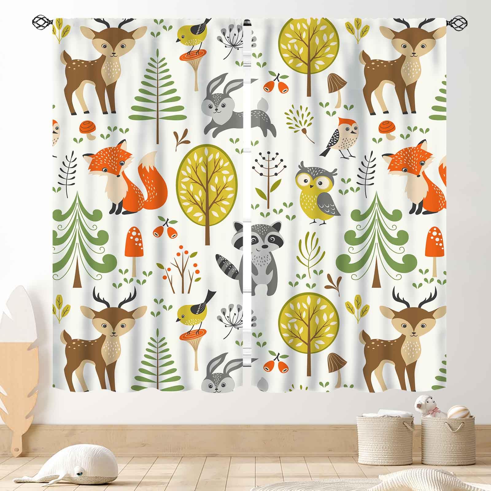 Kids Safari Animals Curtains, Baby Boy Girl Rustic Woodland Dear Fox Bear Wild Jungle Animals Printed Cartoon Watercolor Forest Window Drapery Treatments for Bedroom Living Room Nursery, 84"x63" Inch