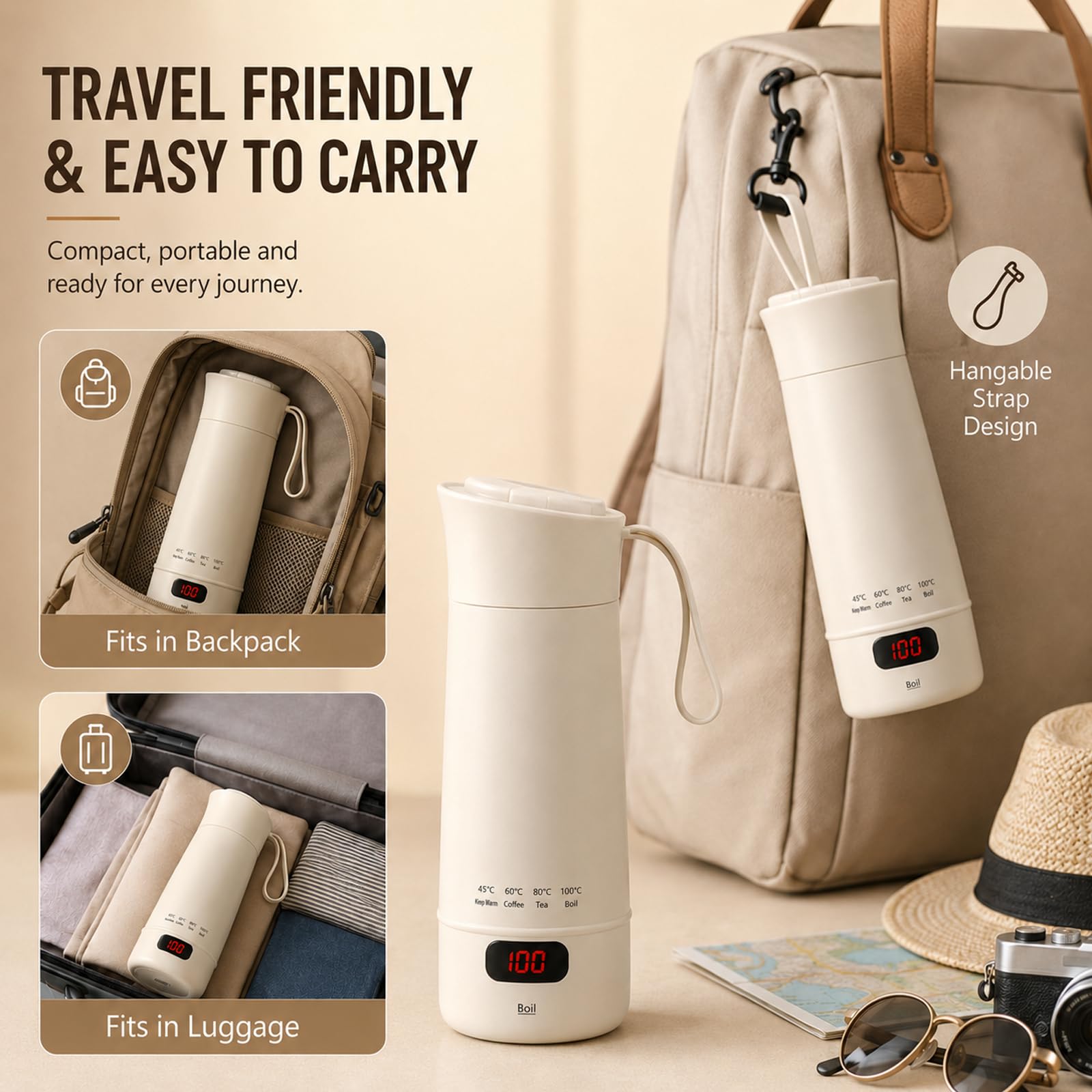 400ML Bollitore Elettrico da Viaggio, 4 Livelli di Regolazione Della Temperatura Mini Bollitore da Viaggio Portatile, Bollitore Elettrico Piccolo in Acciaio Inox 304 con Spegnimento Automatico