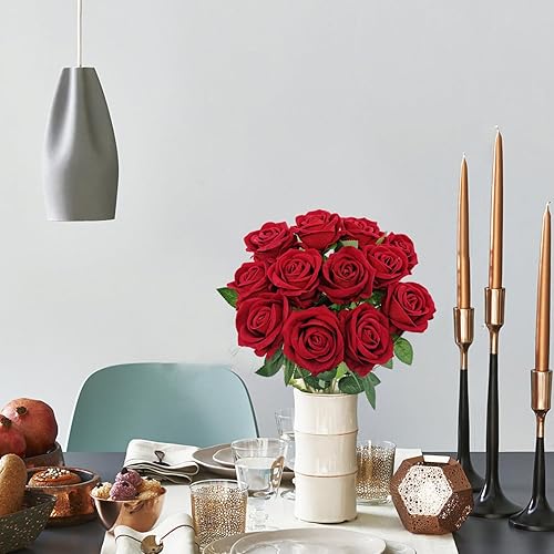 Miniatura 5 de 12 rosas artificiales de terciopelo con tallos largos, rosas falsas de tacto real para San Valentín, ramo de boda, fiesta, mesa, centro de mesa,