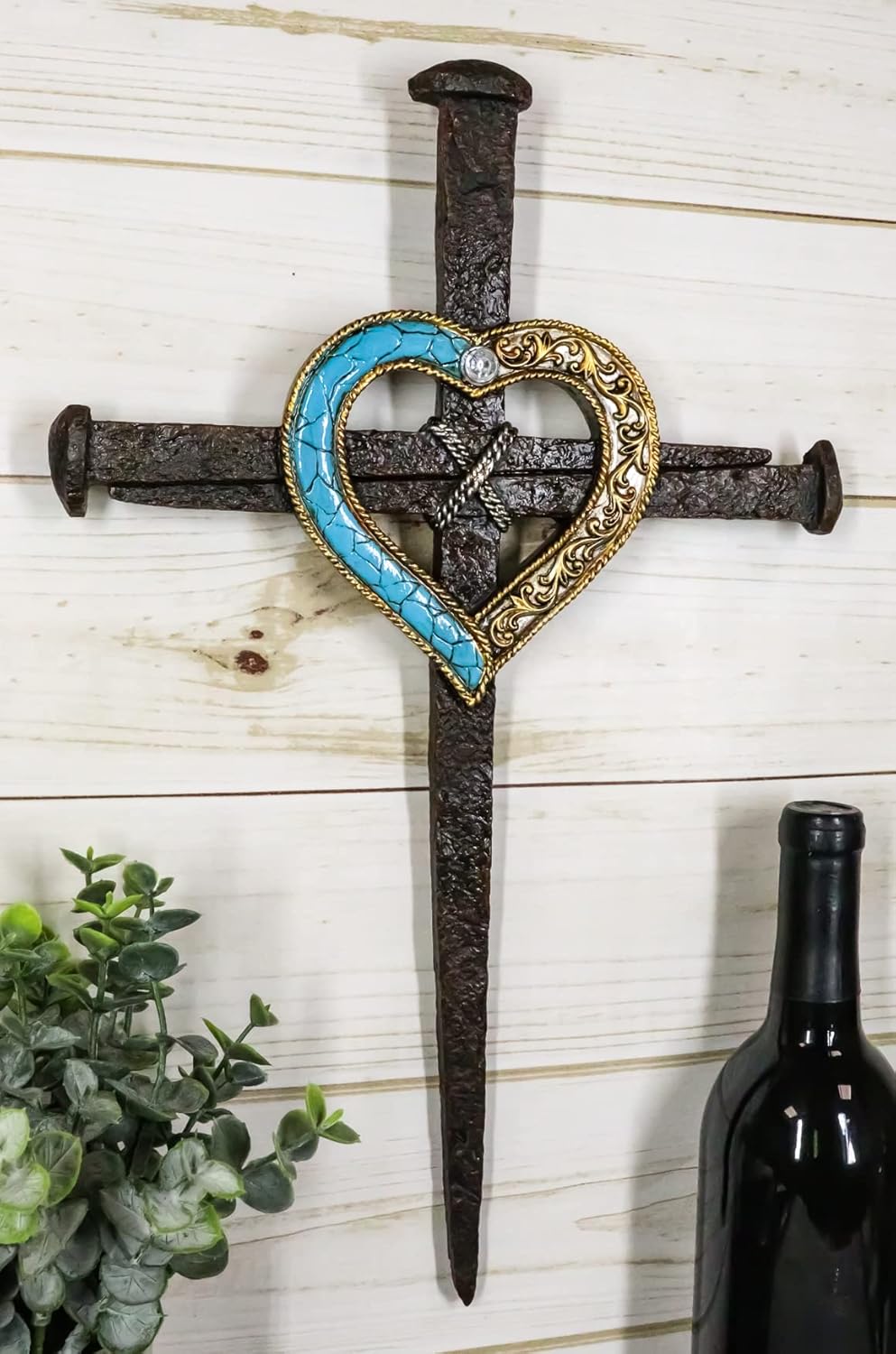 Ebros Faux Bronze Rusted Look Crucifix Driven Nails With Gold And Turquoise Heart Center Wall Cross Decor Plaque Vintage Art Hanging Sculpture 16.5" Tall Catholic Christian Accent Decorative Crosses