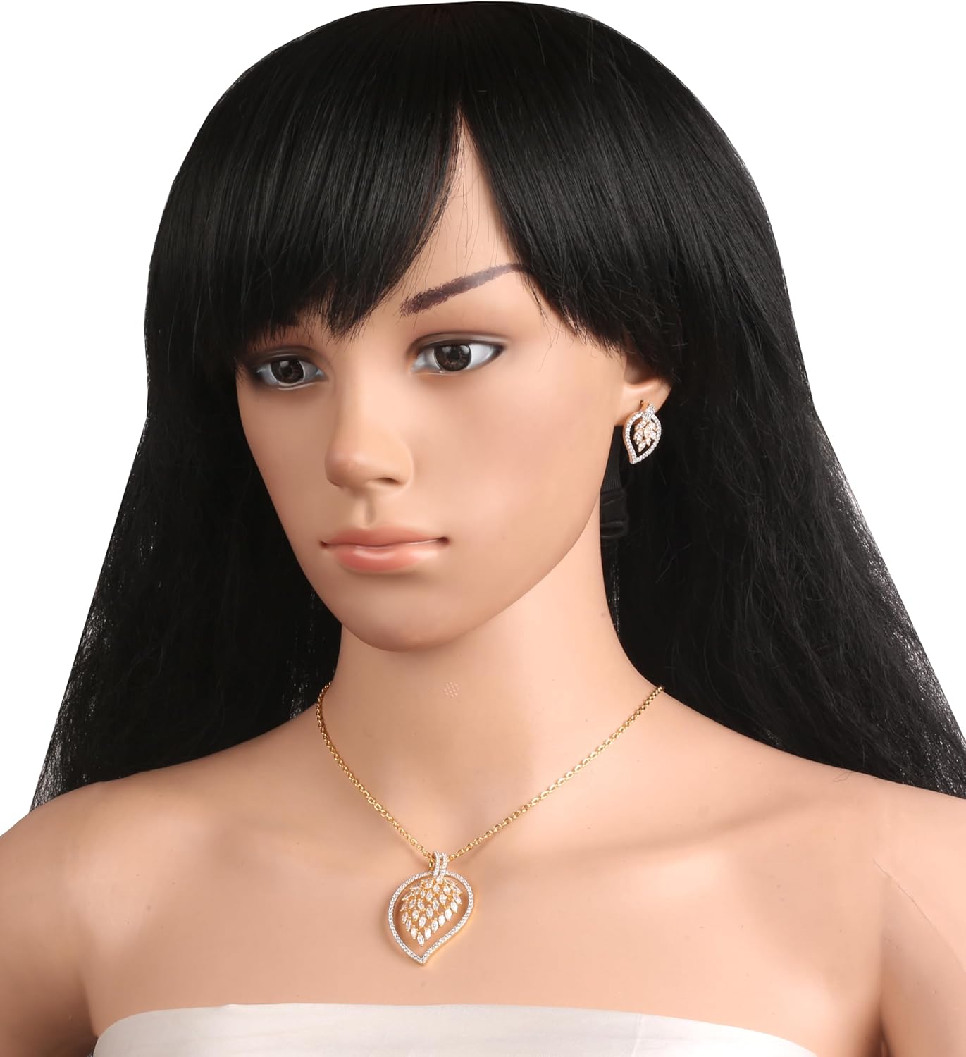 Touchstone White and Gold Plated Simulated Diamond Round Cut Cubic Zirconia Cz Pendant Earrings Chunky Chain for Women Designer Jewelry.