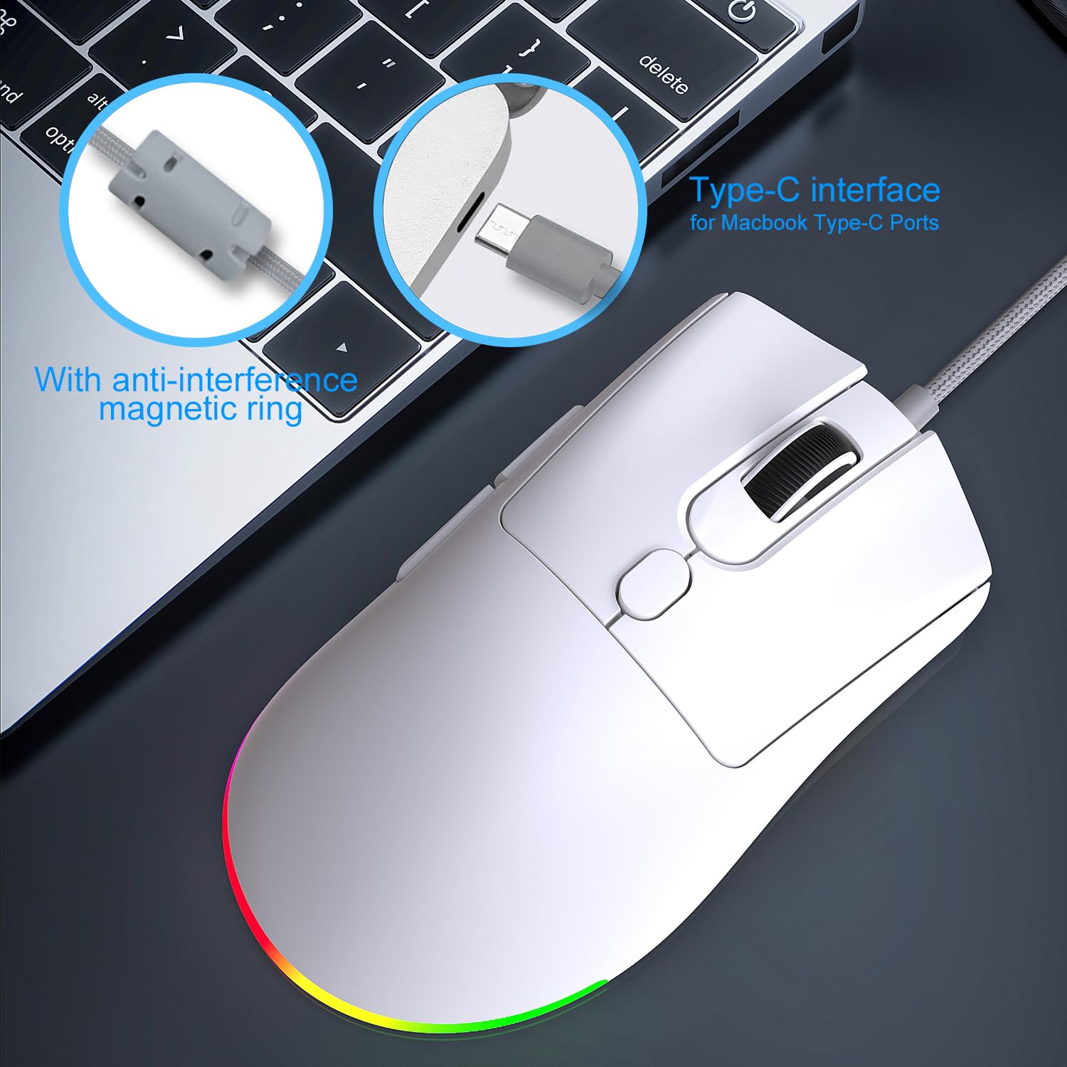 HXMJ Przewodowa mysz do gier USB C, 7200 DPI, ergonomiczna mysz z podświetleniem RGB do Apple MacBook, komputera lub laptopów z portem typu C, biała