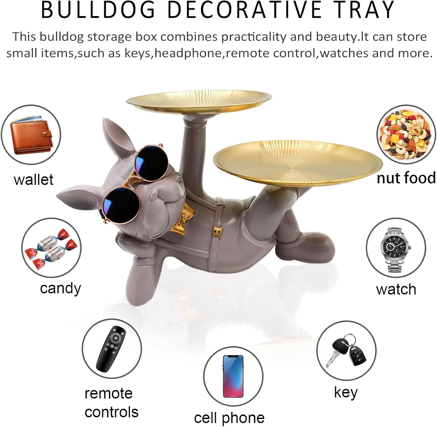 Resin French Bulldog Tray Statue, Lying Bulldog Candy Dish Key Holder Bowl, French Bulldog Accessories, Statues for Office Desk Home Decor Figurines Entryway Table Decor (Purple Grey) - Image 7