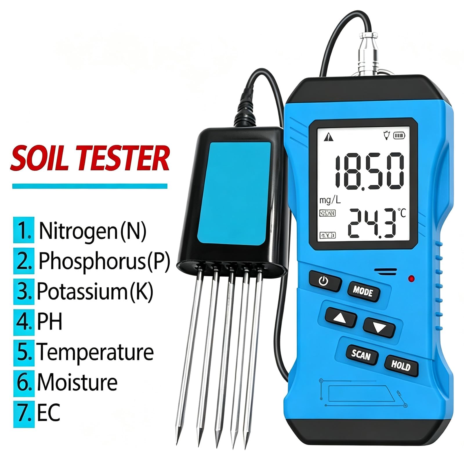Misuratore Multifunzionale Di Npk Del Terreno, Misuratore Di Precisione Per La Rilevazione Del Terreno Con Schermo Retroilluminato, Misuratore Di Ph, Umidità, Temperatura, Ec E Conducibilità Del