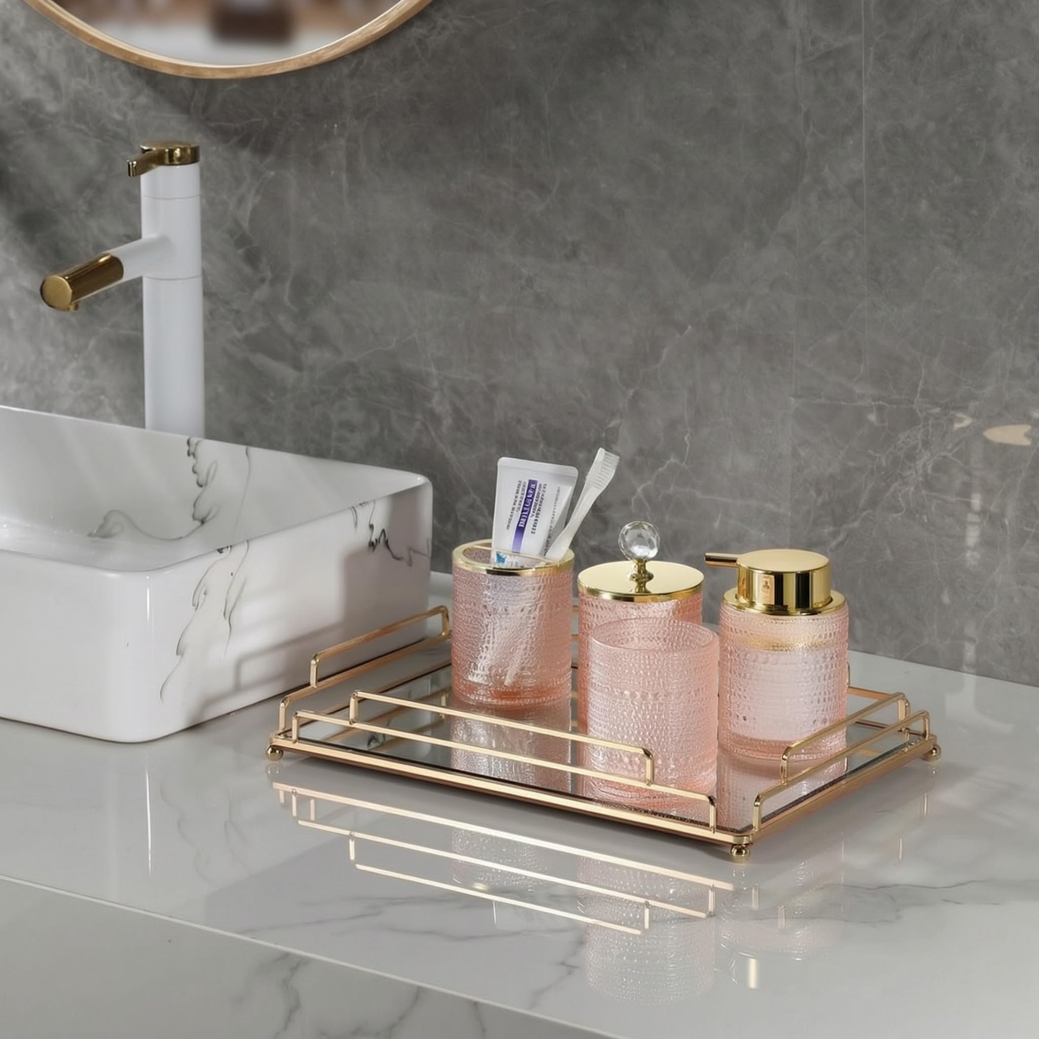 Robustes Glas Badezimmer Accessoire Set:,Vierteiliges Set in Rosa