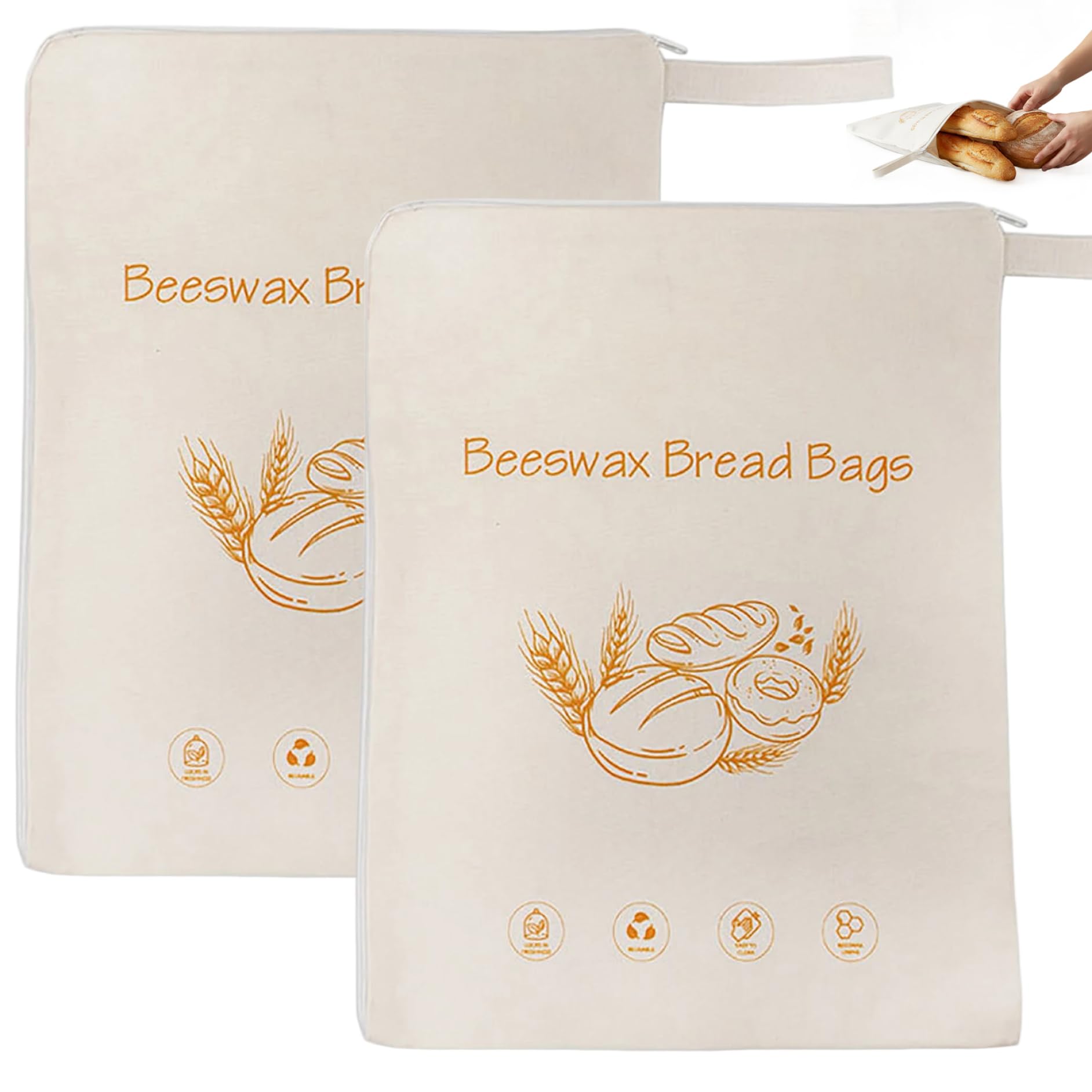 Bolsa de pan de cera de abejas de 2 piezas reutilizables con cremallera para cocina
