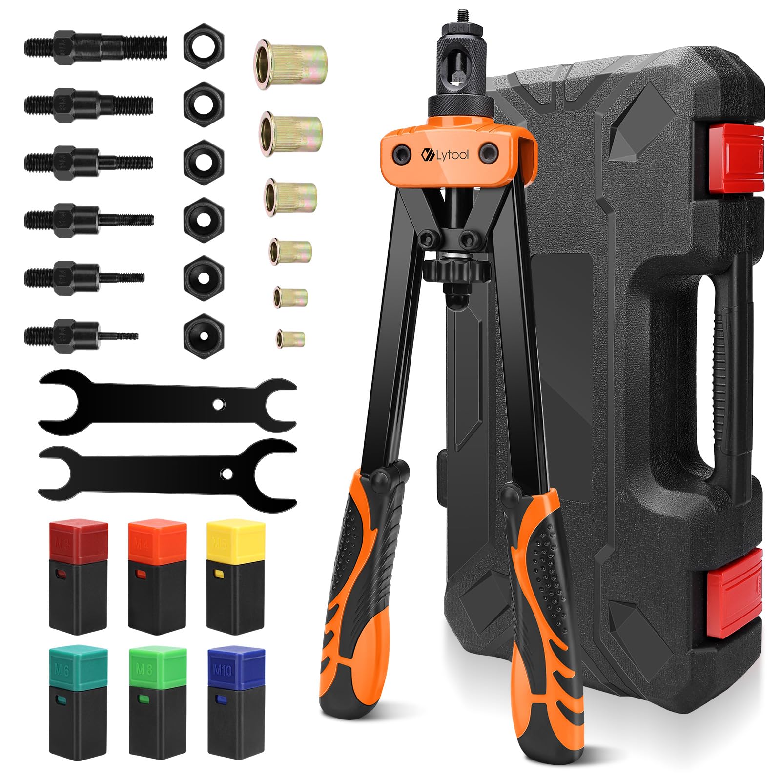 Riveter Nuts, Lytool 14" Professional Riveter Gun Manual Riveter with 205pcs Rivet Nuts, and 6 Interchangeable Mandrels M3 M4 M5 M6 M8 M10