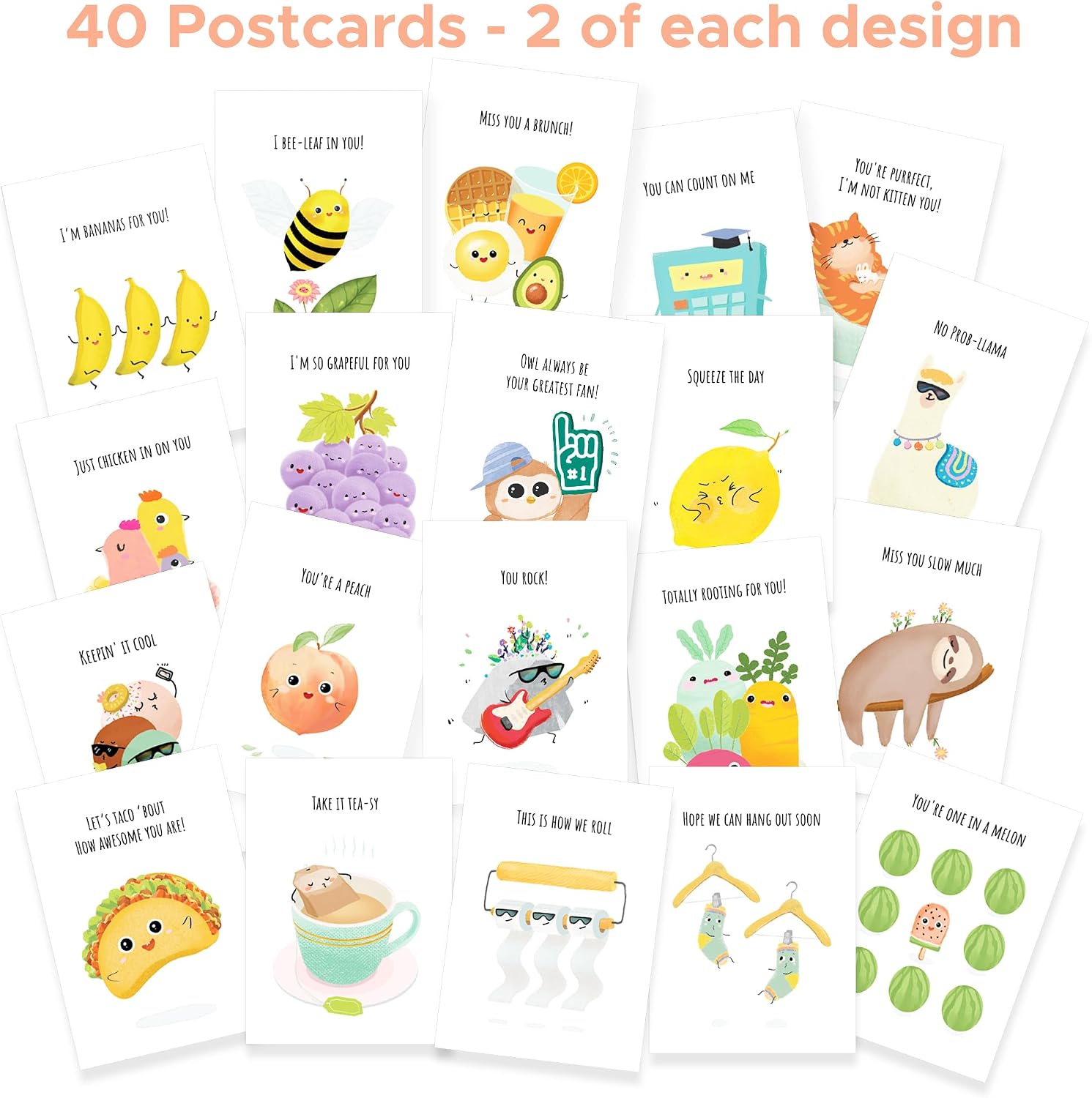T MARIE 40 Funny Postcards Punny Puns - Bulk Thinking of You Postcard Pack for Friends, Family, Kids, Students, Teacher, and More - Say Hello, Thank You or I Miss You with Hilarious Animals