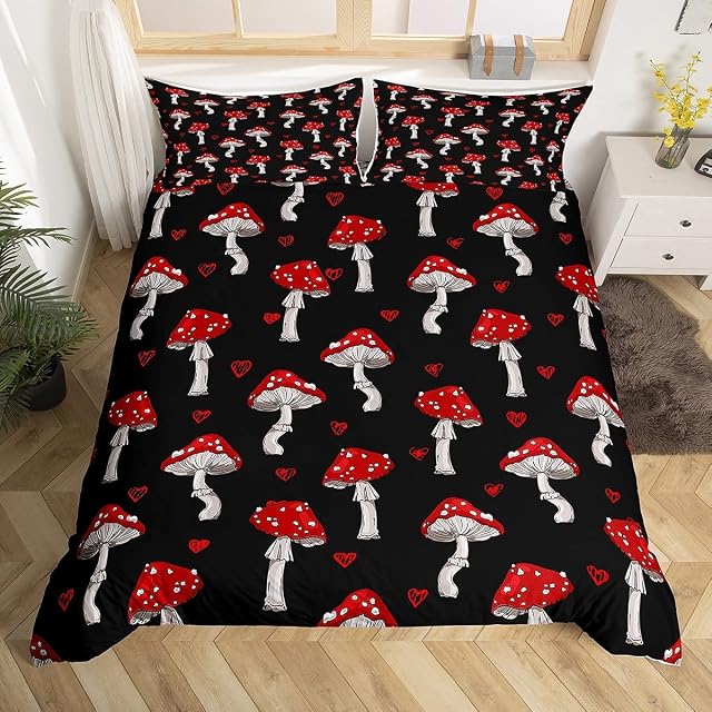 Mushrooms Bedding Set Single Size Cute Red Mushroom Duvet Cover Kids Girls Cartoon Botanical Plants Comforter Cover Child Kawaii Natural Wild Fungus Bedding & Linen Red Black Bedding & Linen