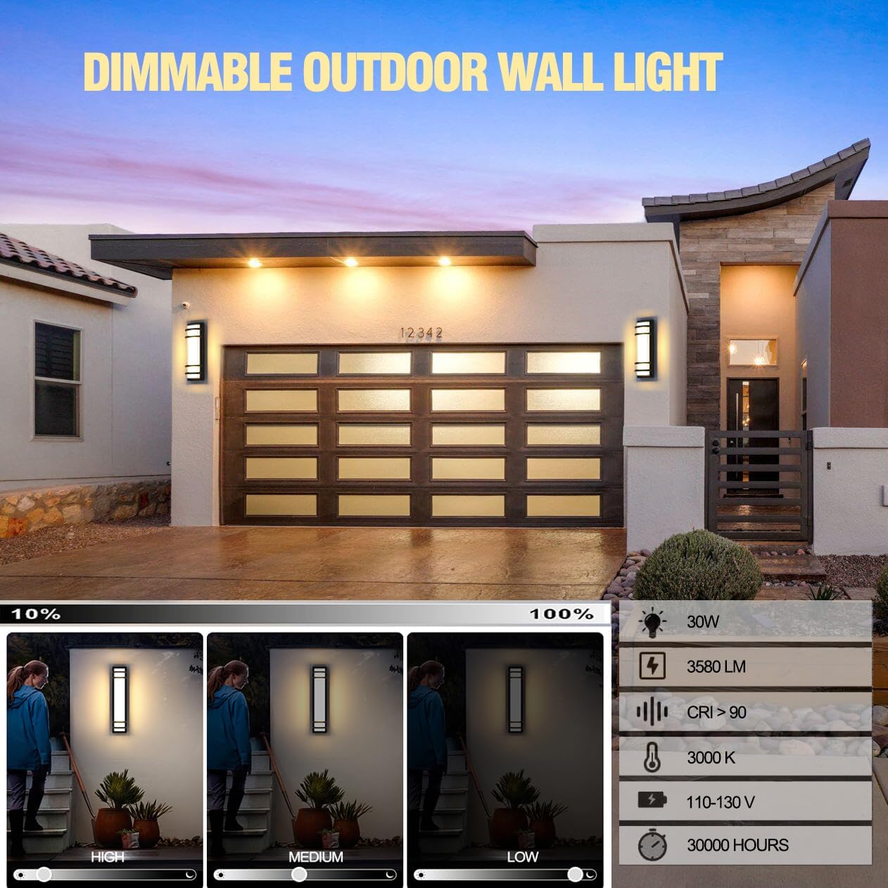 Sytmhoe Outdoor Wall Sconces,16in 10%-100% Dimming LED Dimmable Modern Porch & Patio Wall Light Fixture,Black Exterior Sconce Wall Mounted Lights for House Garage Porch Courtyard (3000K)
