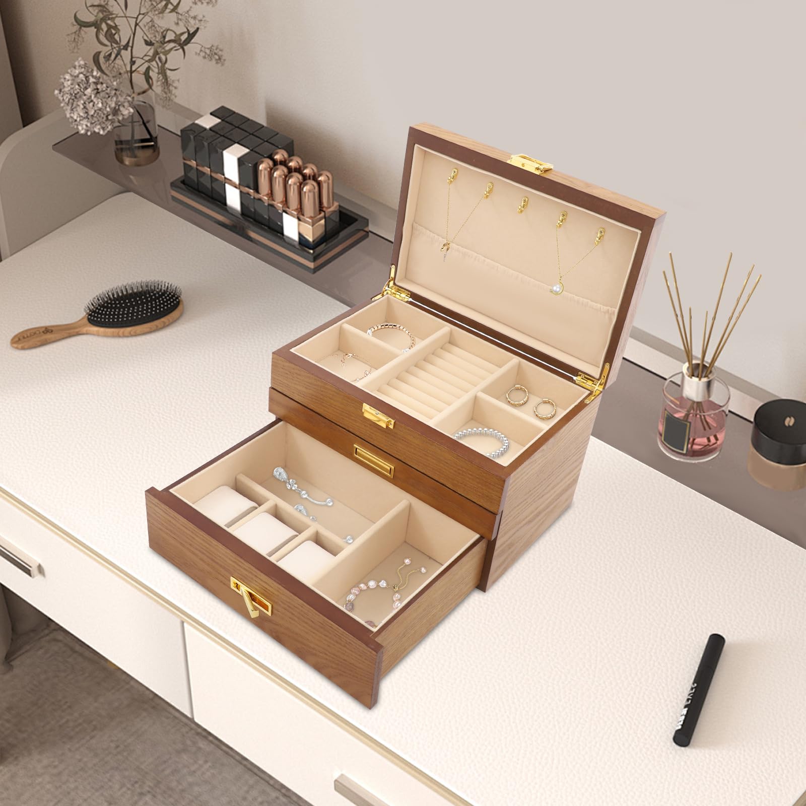 CHUOZI 3-Layer Jewelry Organizer with 2 Drawers, Box, Storage,Brown