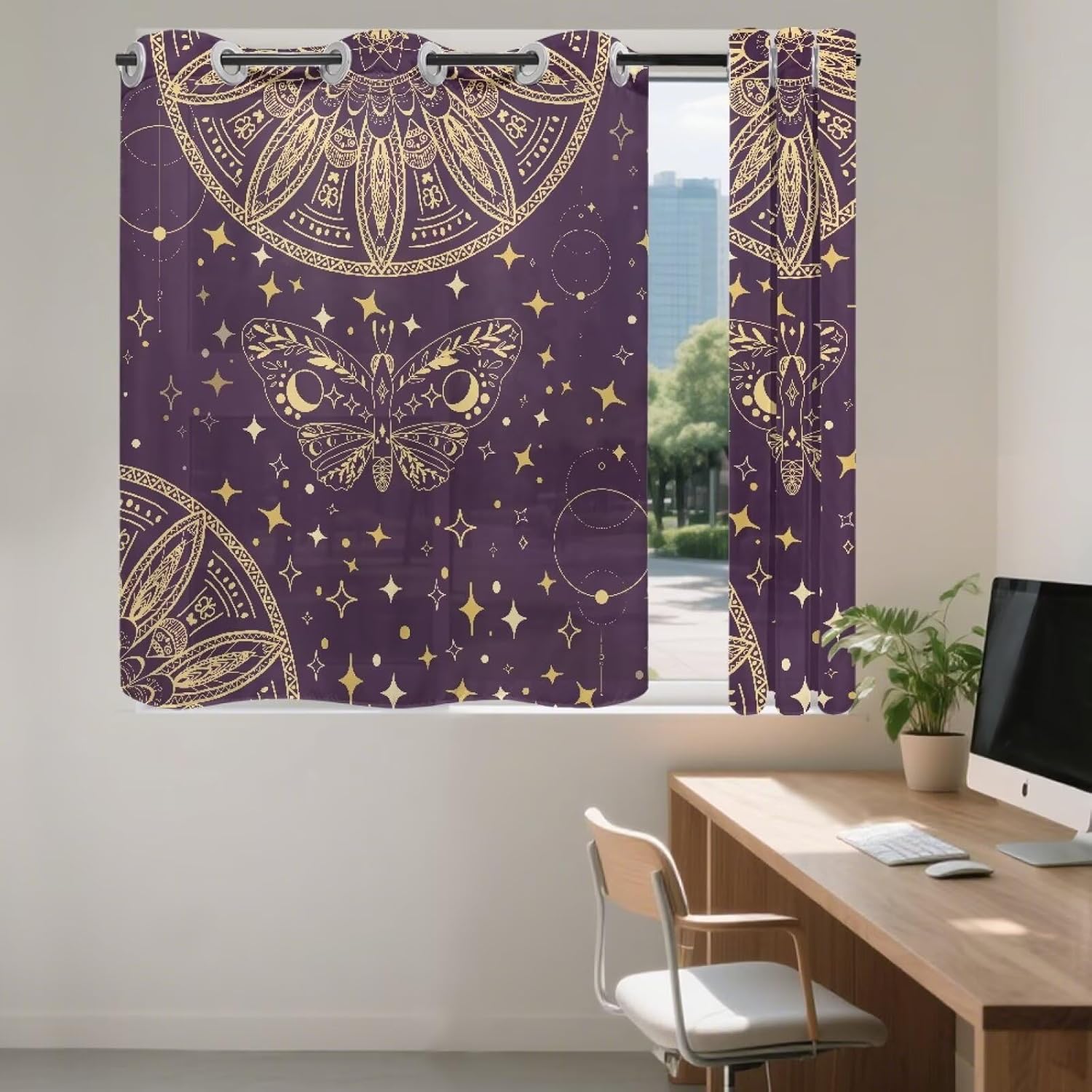 ZOUTAIRONG Purple Mandala Butterfly Blackout Curtains for Living Room Durable Window Treatments 2 Panel Set, Thermal Insulated Blackout Curtains for Bedroom