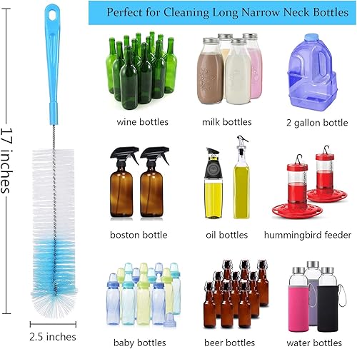 Miniatura 4 de ALINK Juego de 5 cepillos azules para botellas + cepillo de limpieza de drenaje de fregadero