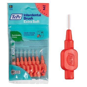TePe Interdental Brush Extra Soft, Supersoft Dental Brush for Teeth Cleaning, Pack of 8, 0.5 mm, Extra-Small/Small Gaps, Red, Size 2