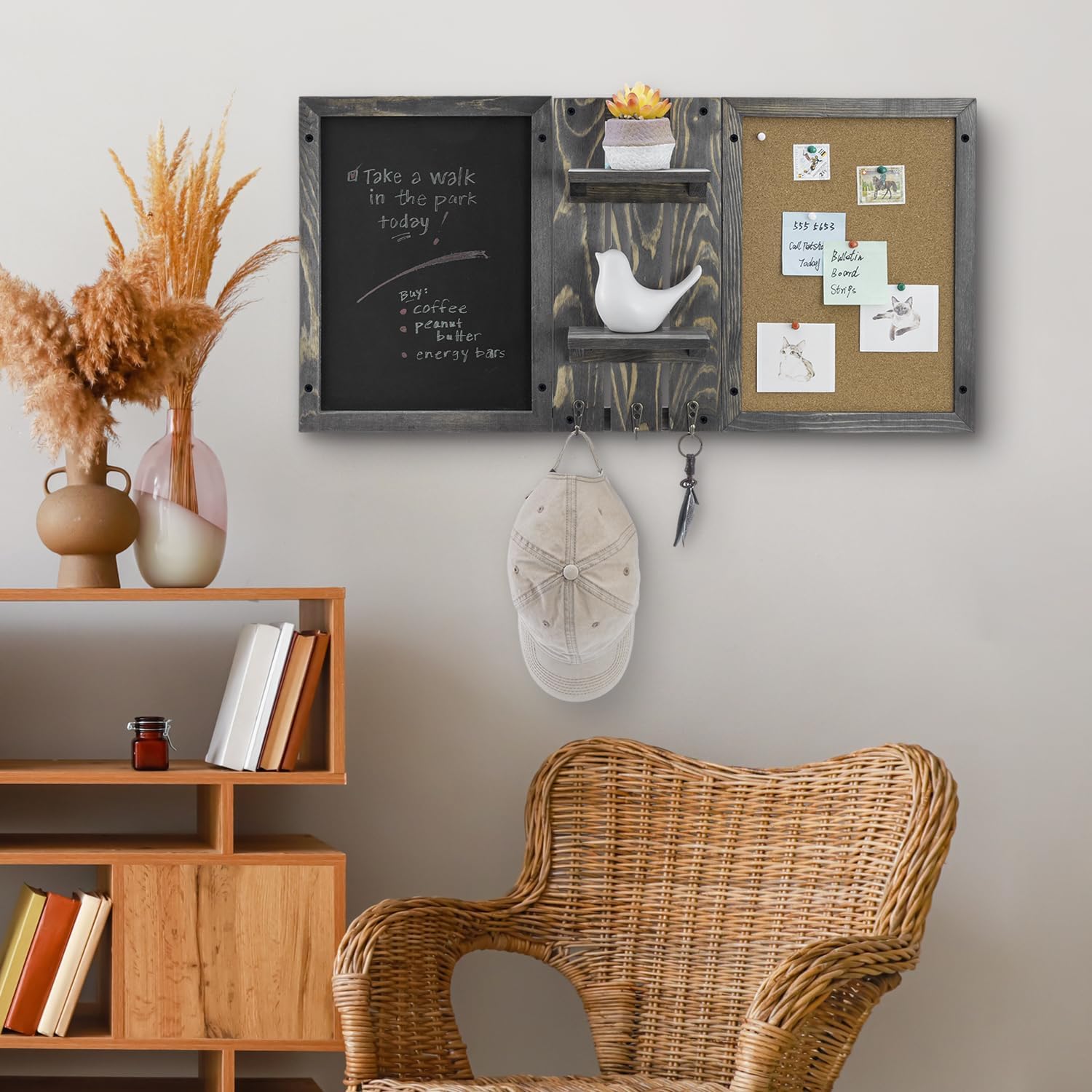 MyGift Wall Mounted Vintage Gray Wood Entryway Bulletin Board Combo Set with Chalkboard, Cork Board, 2 Storage Display Shelves and 3 Key Hooks, Family Command Center Wall Organizer