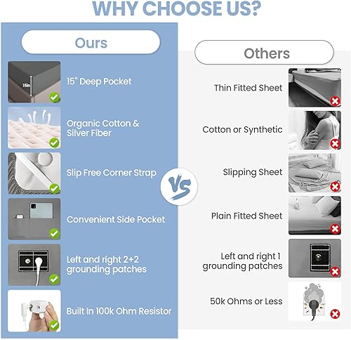 Miniatura 6 de Grounding Sheets Queen - Sábana bajera ajustable de 90 % algodón orgánico + 10 % plata pura para Earthing - Sábanas de 400 hilos con bolsillo