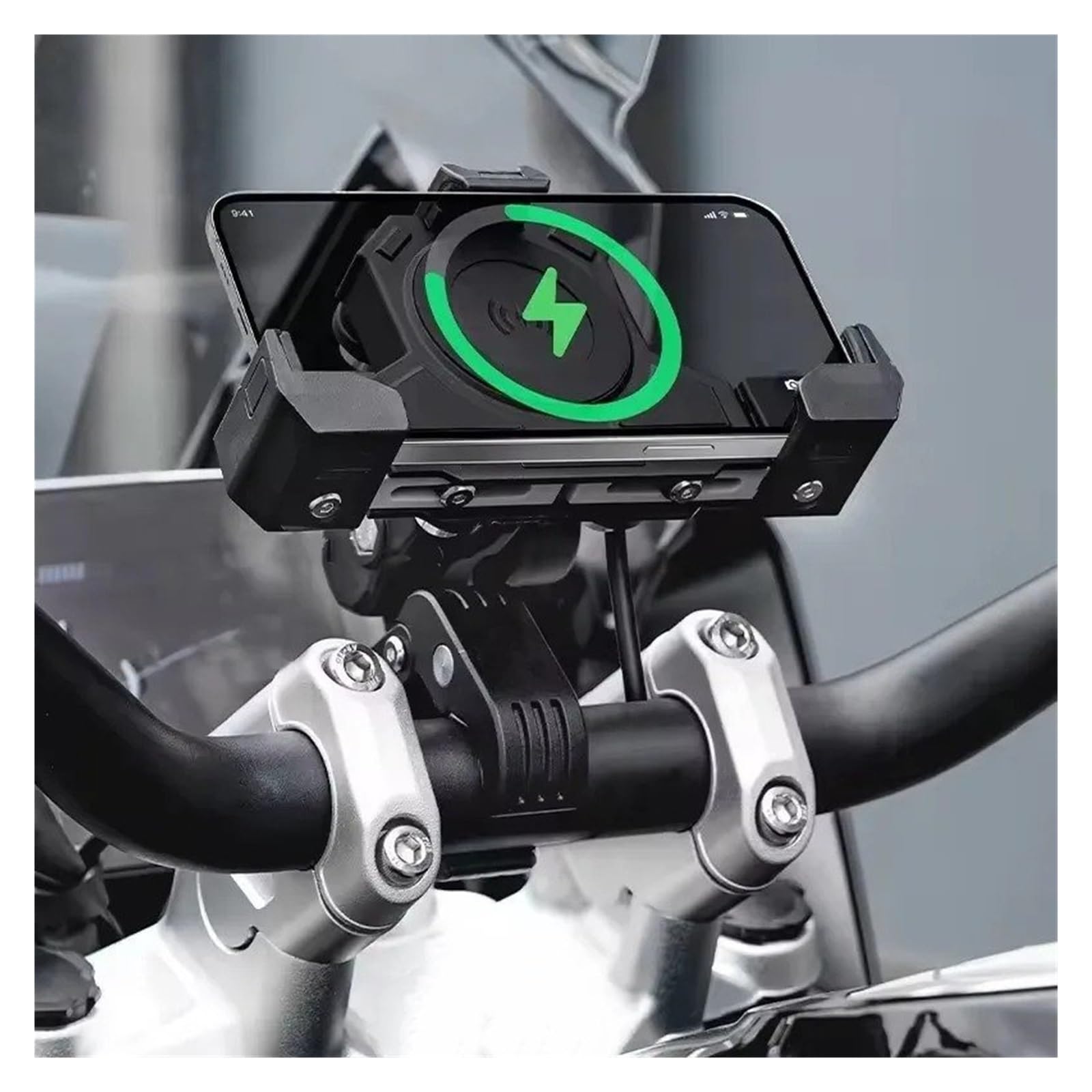 Support GPS Moto Support Triangulaire Fixe, Chargement sans Fil, Navigation, Téléphone Portable Absorbant Les Chocs pour Moto en Extérieur