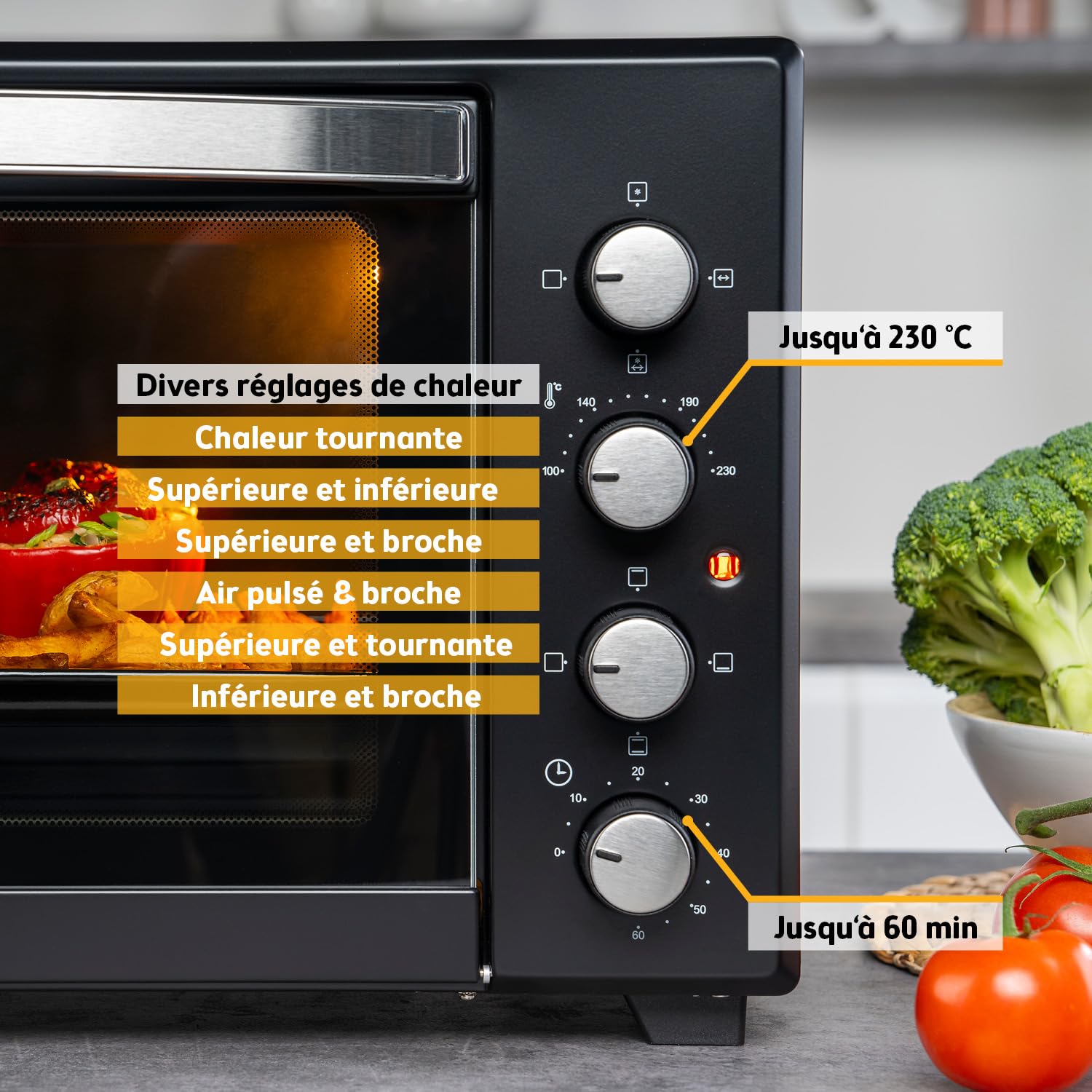 TZS First Austria - Mini-Four 45L 2000W - Four à pizza avec température jusqu'à 230°C et revêtement antiadhésif - Avec minuteur de 60 min, 4 hauteurs d'insertion, plaque, grille & tournebroche rotatif