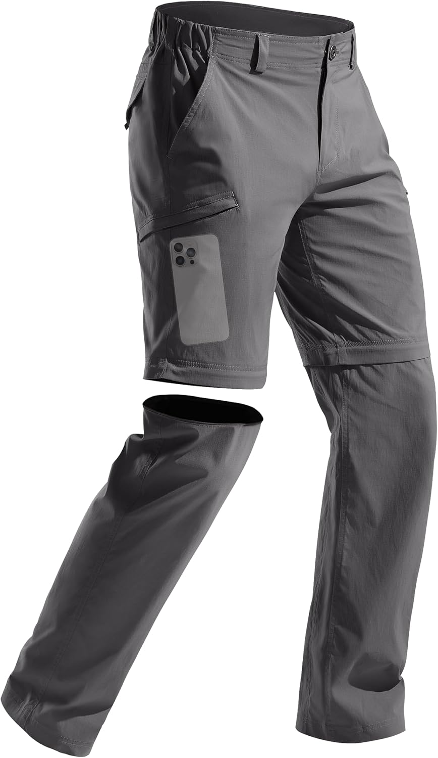 FREE SOLDIER Men's Outdoor Convertible Hiking Pants with Belt Lightweight Quick Dry Tactical Cargo Pants Nylon Spandex (Gray 32W x 32L)