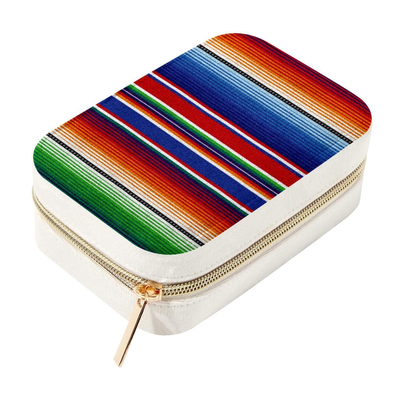Estuche portátil para joyas de viaje en terciopelo suave y diseño bohemio a rayas con cierre