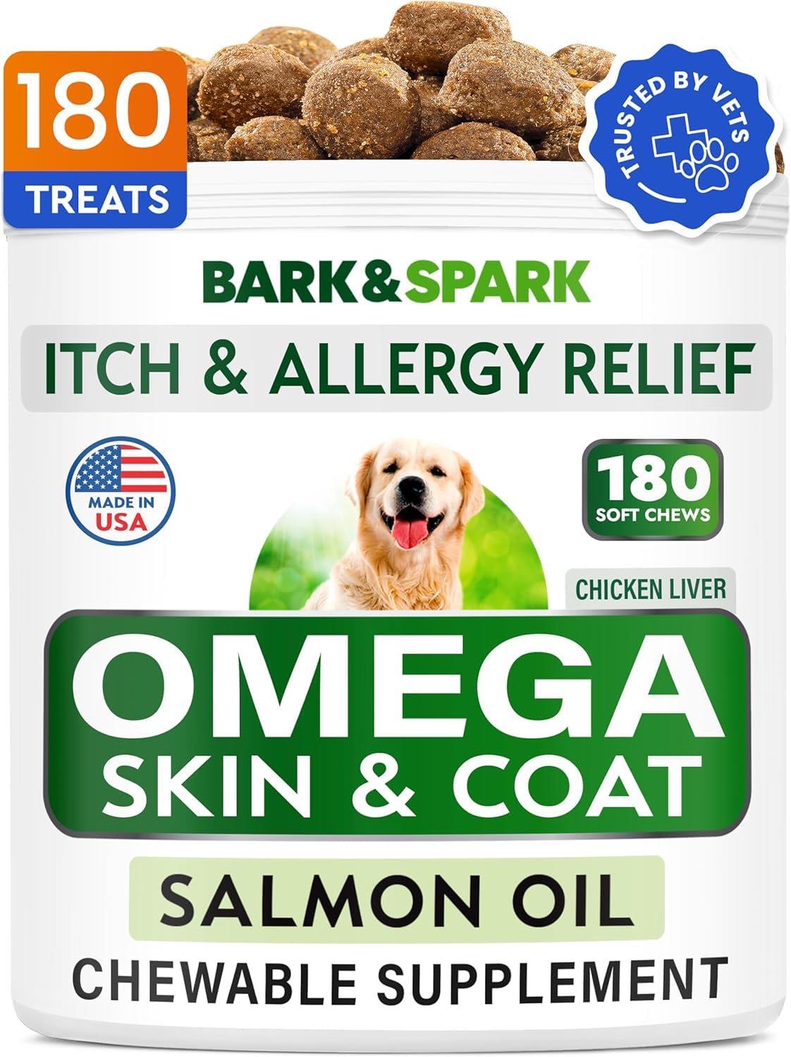 BARK&SPARKOmega 3 for Dogs - 180 Fish Oil Treats for Dog Shedding, Skin Allergy, Itch Relief, Hot Spots Treatment - Joint Health - Skin and Coat Supplement - EPA & DHA Fatty Acids - Canine Salmon Oil