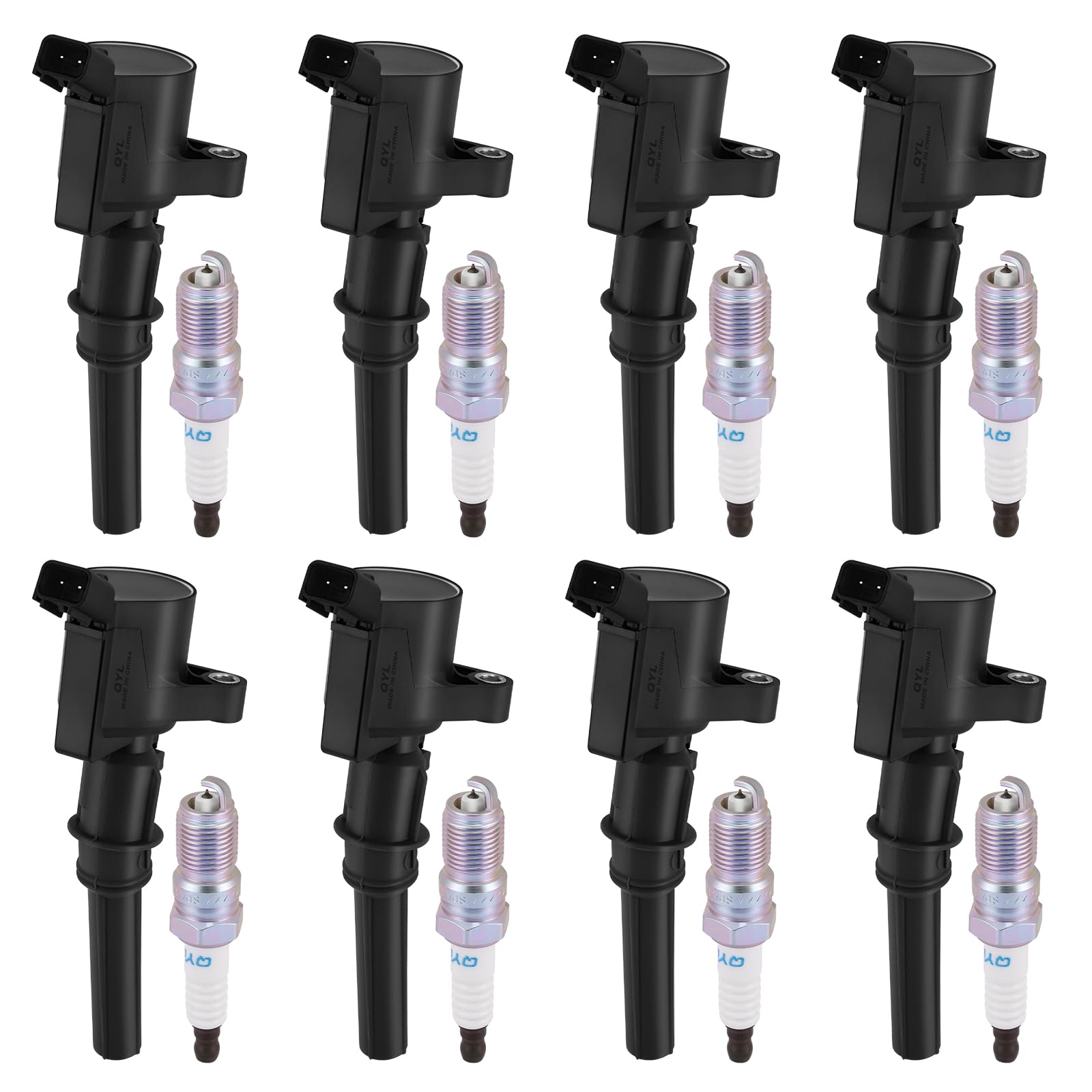 QYL Set of 8 Ignition Coil DG508 & Spark Plug SP479 compatible with Ford 4.6L 5.4L V8 DG457 DG472 DG491 CROWN VICTORIA EXPEDITION F-150 F-250 MUSTANG LINCOLN MERCURY EXPLORER