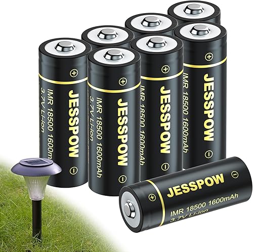 JESSPOW Batería 18500, batería recargable IMR 18500 de iones de litio de 1600 mAh 3.7 V para linterna, luz solar de jardín y más, 18500 baterías