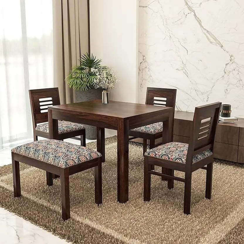 Image of RECTART Solid Wood Dining Table Set with Chairs for Living Room Home | Wooden Dining Room Sets Furniture for Hotels and Restaurants | (Walnut Finish, 4 Seater-D)
