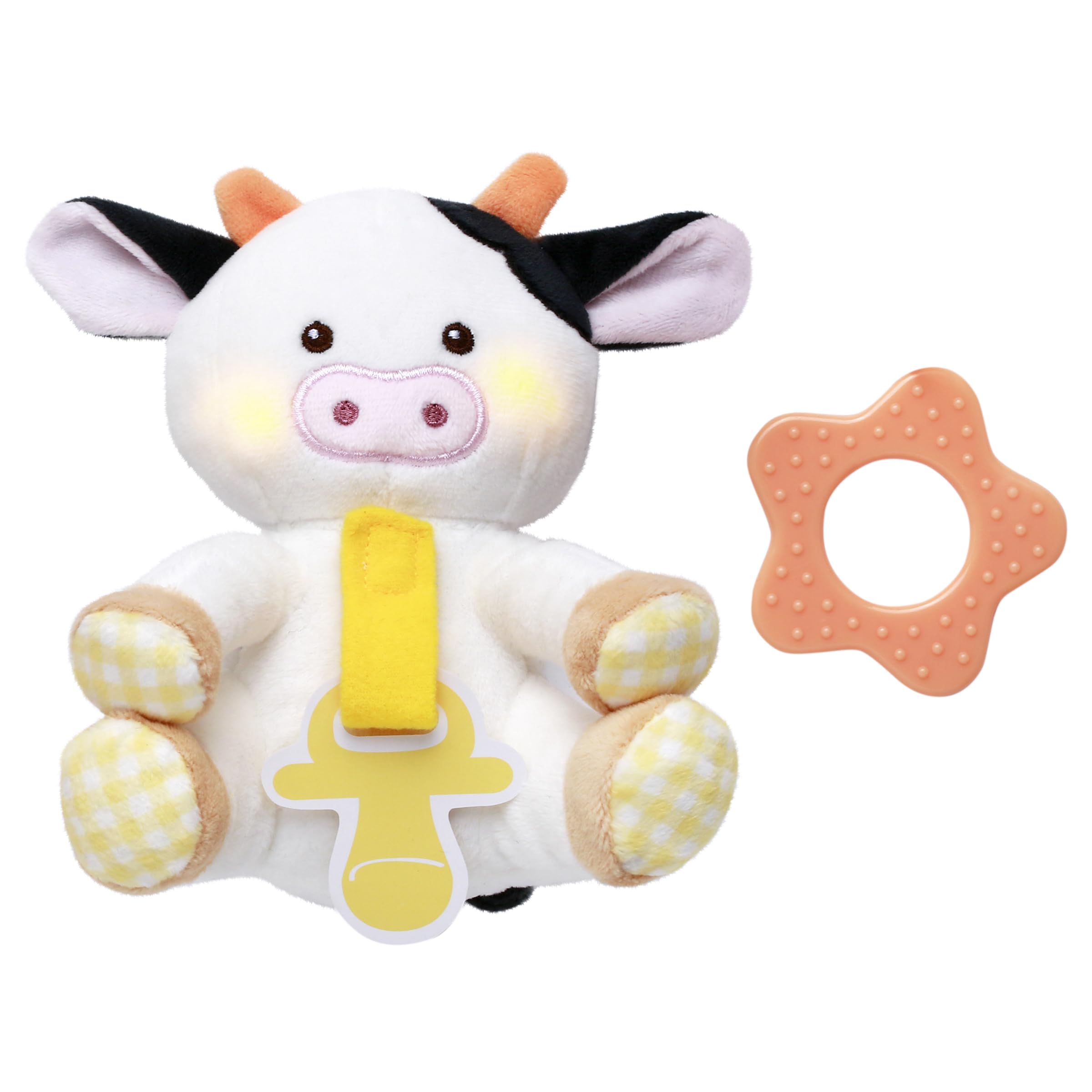 Magic Years 5 inch Musical Light Up Paci-Buddy with Teether for Baby, 2 Piece, Black and White Cow