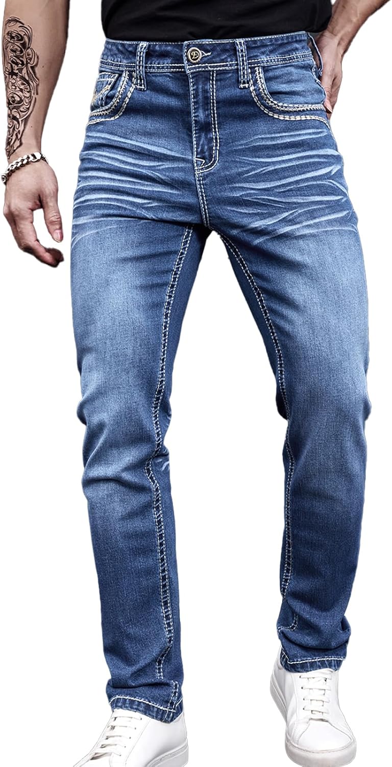 Classic Fit Jeans for Men Embroidered Design All Season Adult Denim Work Pants Everyday Casual Style Men's Pants