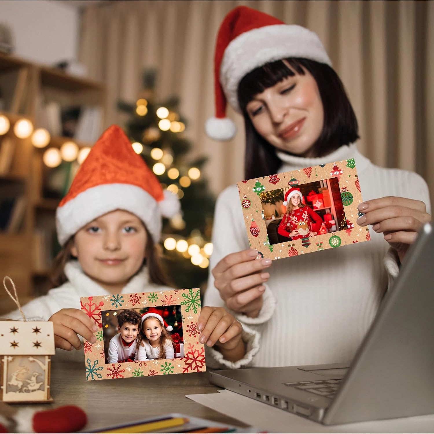 Mooliwe 200 Sets Christmas Photo Cards with Envelopes Stickers Christmas Cards with 4 x 6 Photo Insert Picture Frame Holders for Xmas Holiday Greeting Supplies(Classic, Brown)