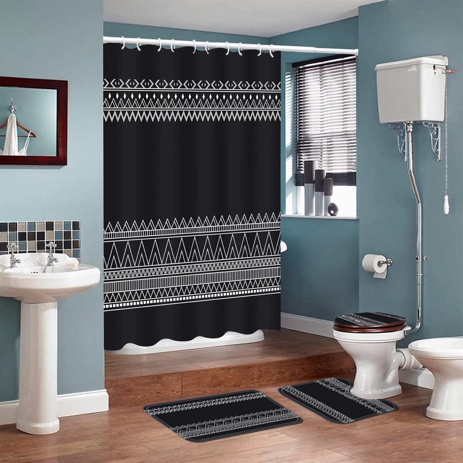 DDQQ 4Pcs Black Boho Shower Curtain Set with Rugs, Modern Abstract Geometric Bathroom Decor Set with Accessories, Vintage Stripes Bohemian Waterproof Shower Curtain for Bathtub Decor : Home & Kitchen