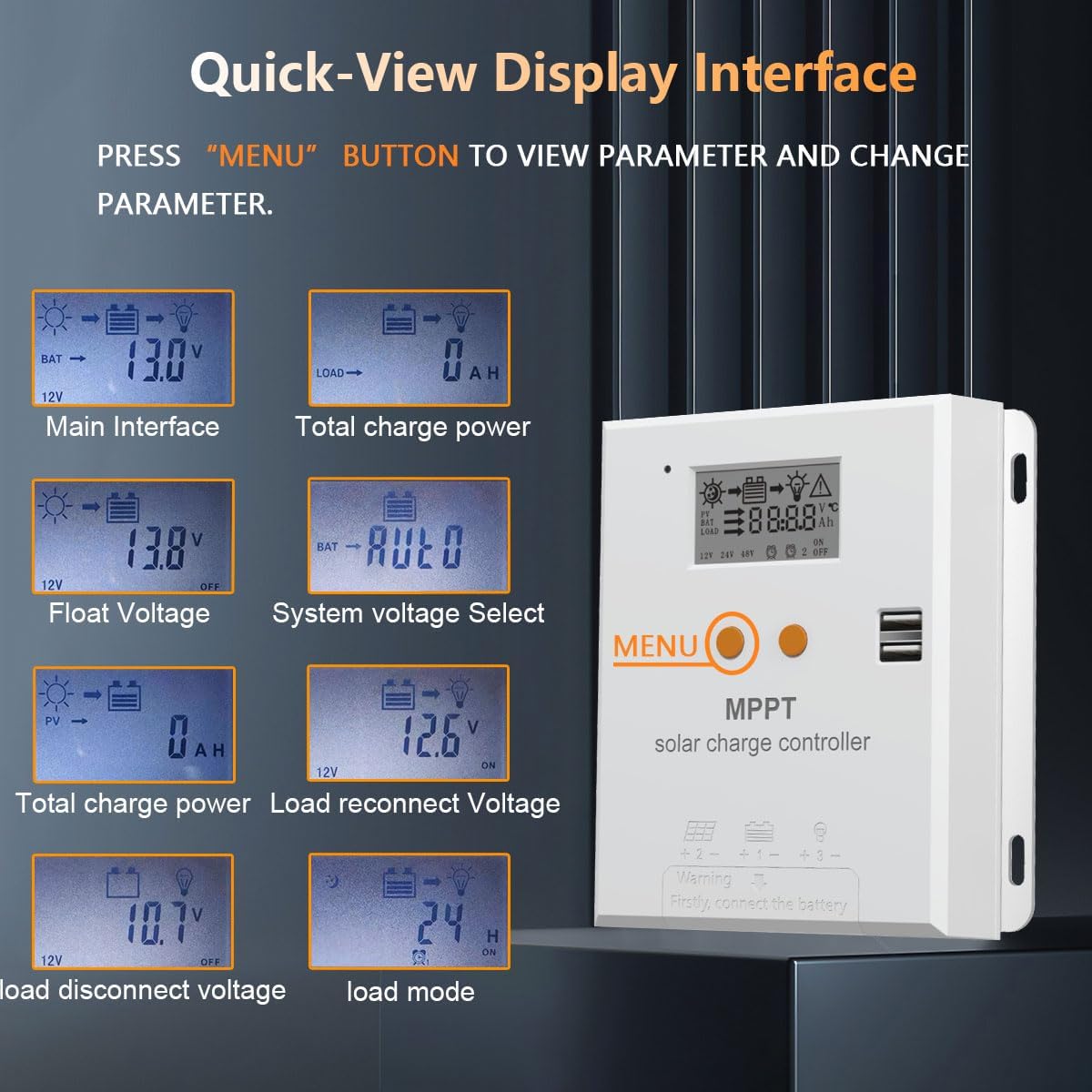 Screenshots of the Y&H MPPT Solar Charge Controller's LCD display showing various parameters.