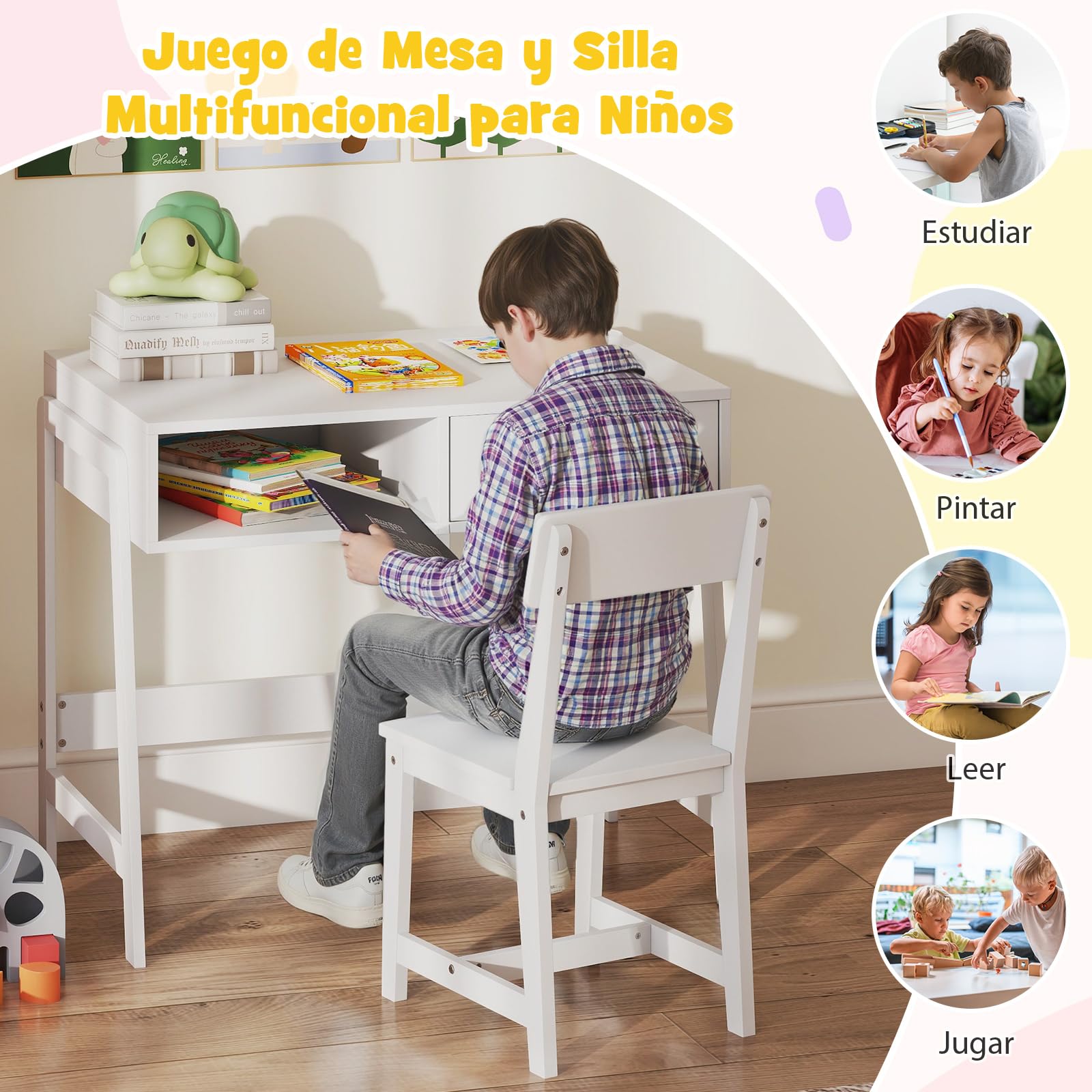 COSTWAY Juego de Mesa y Silla Infantil, Juego de Mesa de Estudio de Madera Maciza para Niños con Cajón y Estante, Escritorio Infantil para Estudiantes para Niños de 3+ Años (Blanco)