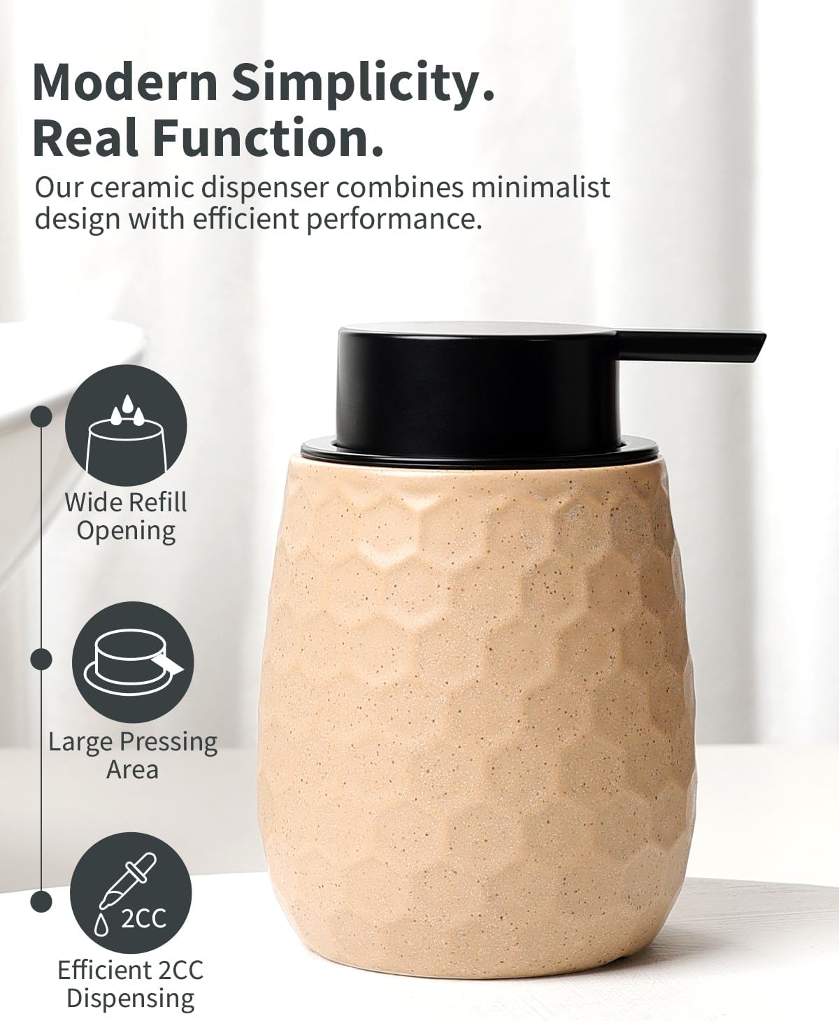 Soap Dispenser, 12OZ Ceramic Liquid Hand Soap Dispenser with Honeycomb Design for Kitchen or Bathroom, Khaki Refillable Dish Lotion Dispenser, ANTIS'S HOME image 3