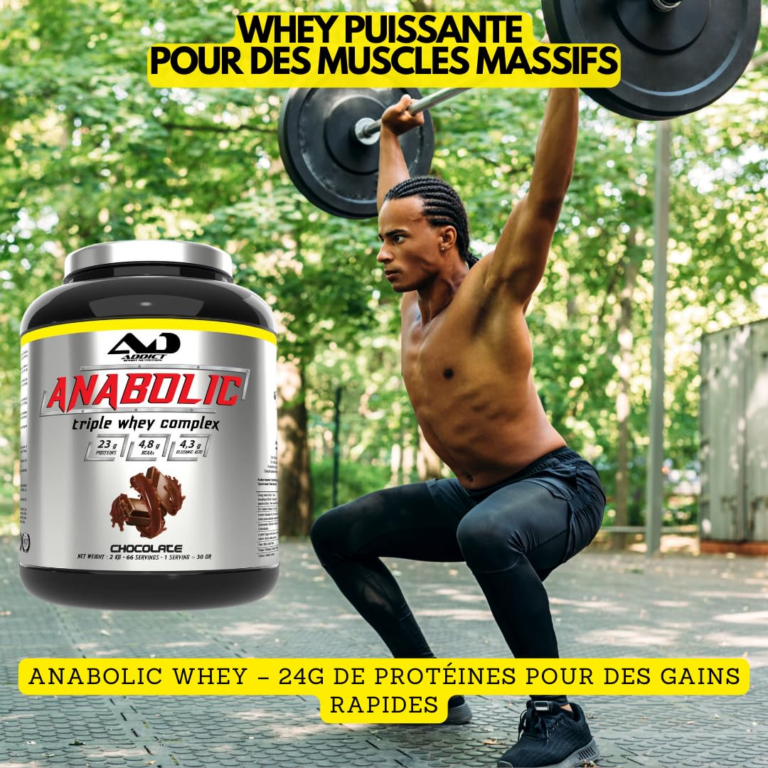 Addict sport nutrition - Anabolic whey - Protéine de lactosérum concentrée, isolée et hydrolysée - Protéine pure - BCAA - Glutamine - Croissance musculaire et récupération - 1kg - Cookie N'cream