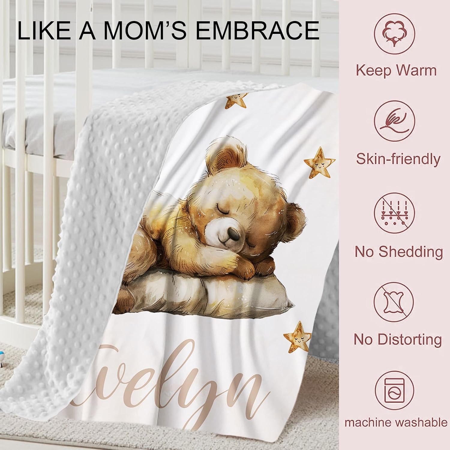 Personalized Baby Crib Bedding Set, Custom Name Star Bear Theme Baby Bedding 2-Pcs Set - Soft Double Layer Dotted Blanket and Fitted Sheet, Nursery Bedding for Newborn Boys Girls, Perfect Shower Gift