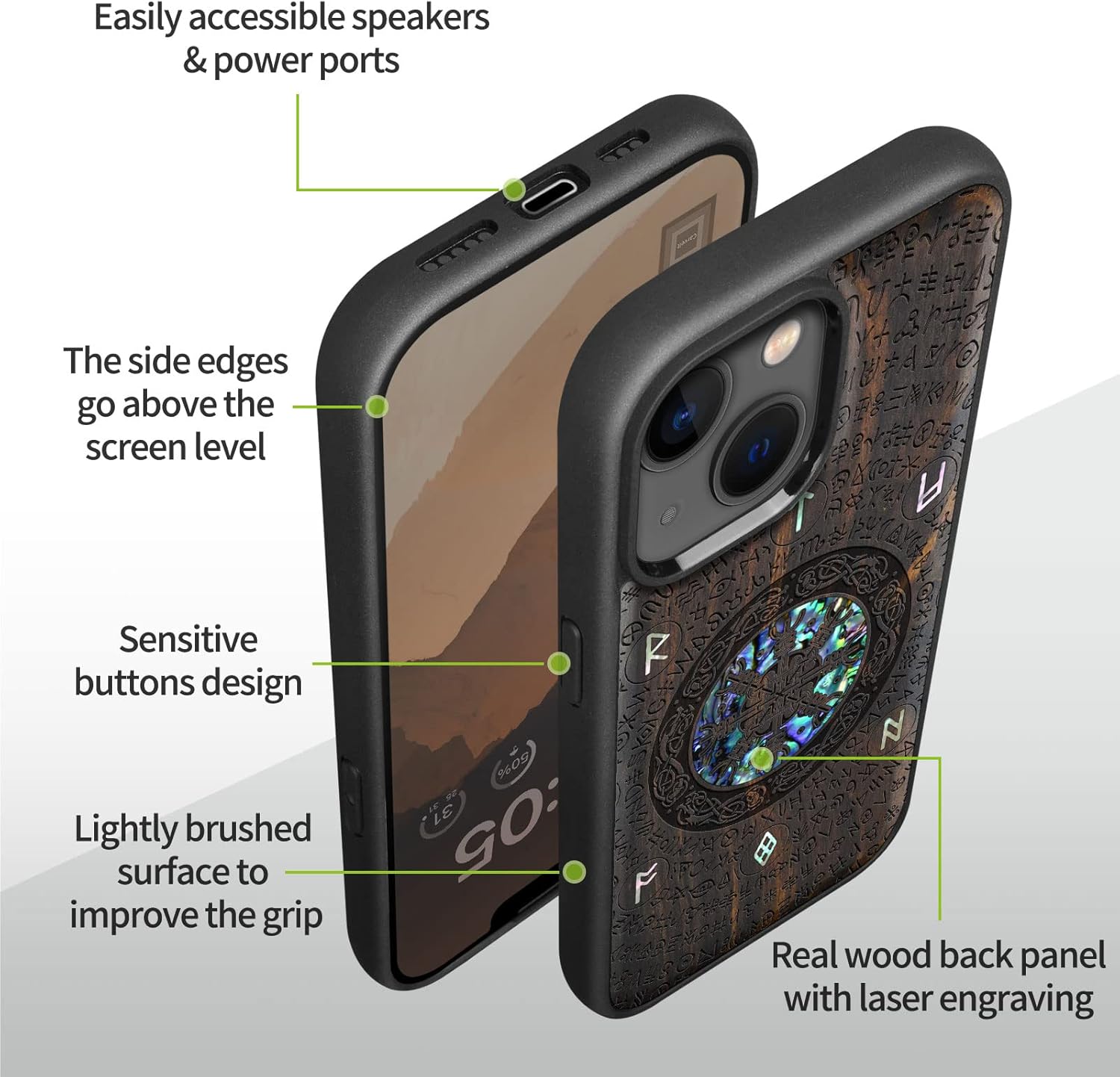 Carveit Designer Wooden Protective Magnetic Case for iPhone 14 Plus Case [Wood Engraving & Shell Inlay] Unique Wood Phone Cover Compatible with 14 Plus MagSafe 6.7 Inch (Viking-Blackwood)