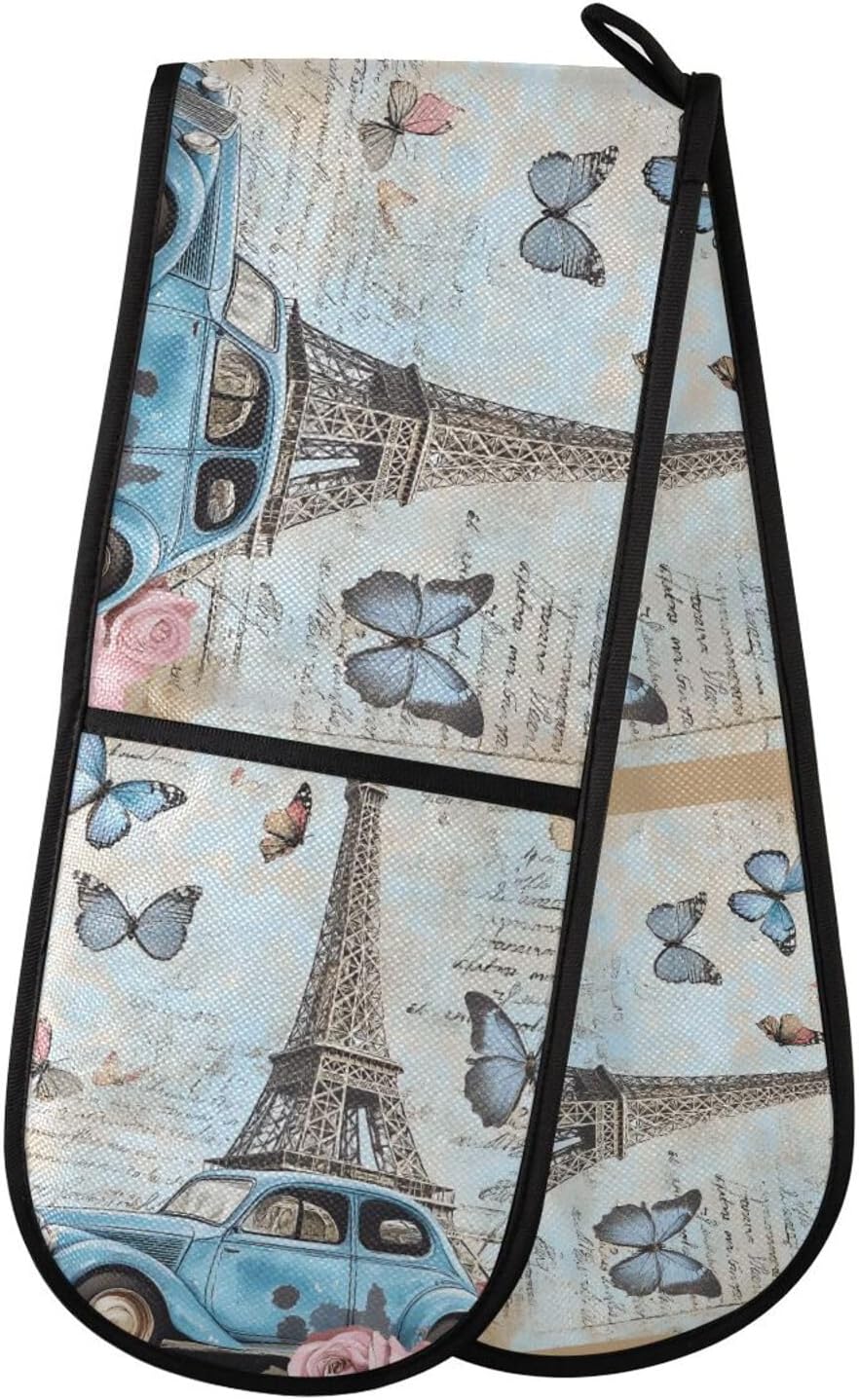 Double Oven Mitts Paris Eiffel Tower Butterfly Cars, Heat Resistant 7"x35" Long Quilted Kitchen Oven Gloves for Baking, BBQ, Grilling & Microwave - Machine Washable with Hanging Loop